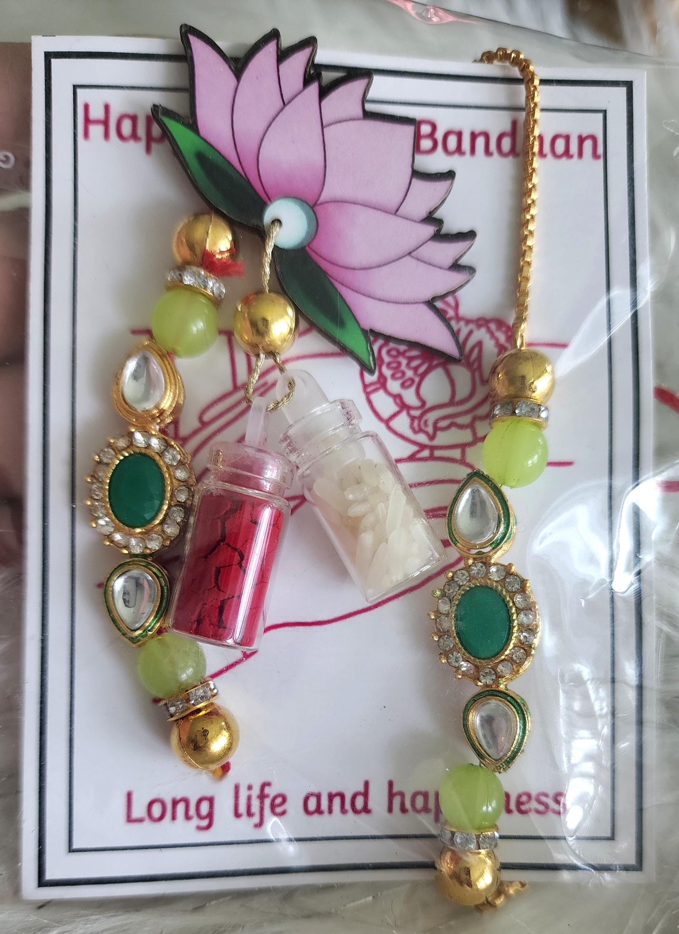 Handmade Kundan Rakhi Set: Pearl Chain Couple Rakhsha Bandhan