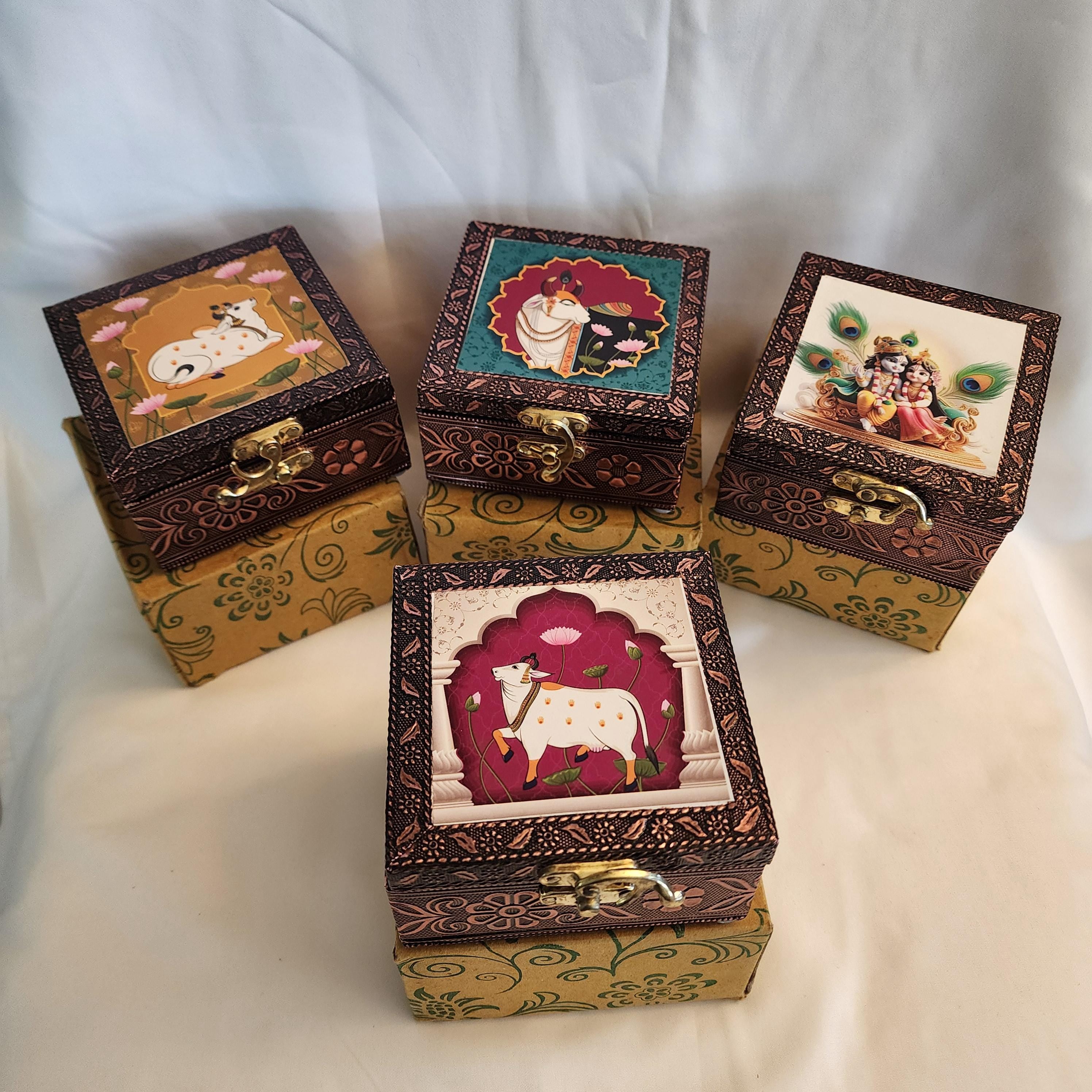 Printed Jewelry Box: Brocade Fabric, Leather - Ring, Earring, Necklace Storage Box
