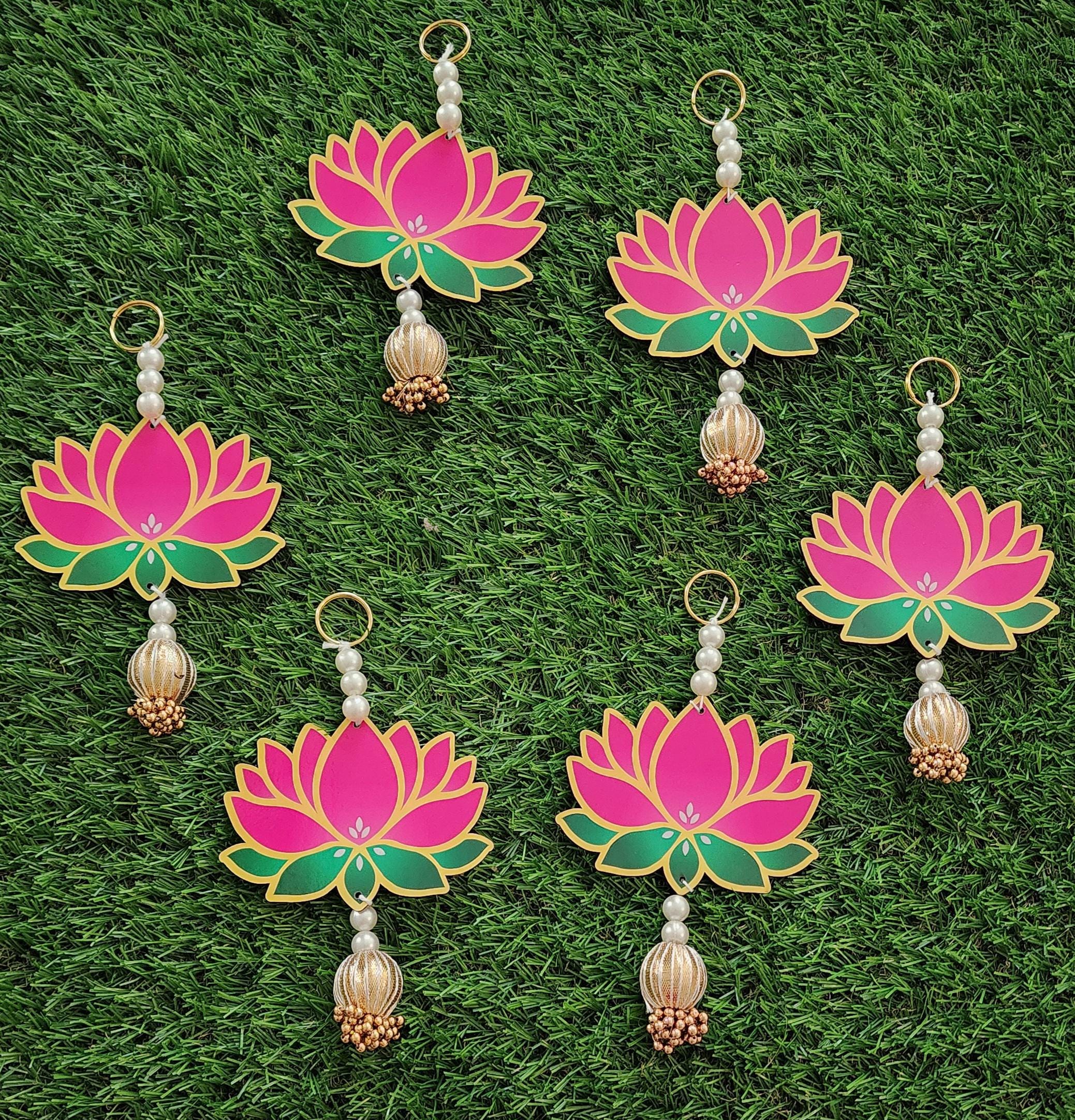 Lotus Hanging Pair: Pink Handmade Mandir Diwali Decoration - 5 inch.
