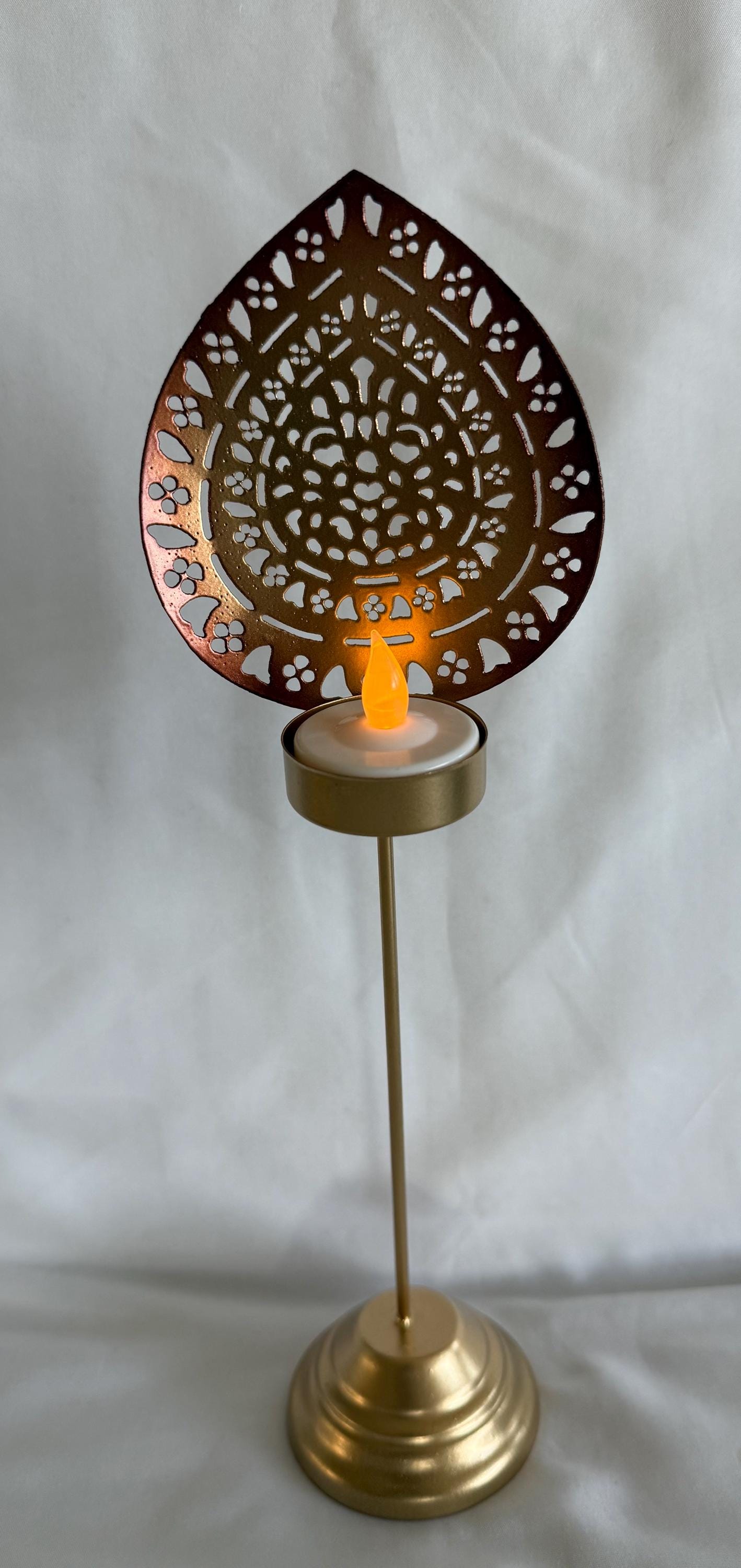 Handmade Metallic Urli Diya with Stand: Lotus/Om Diwali Decor - 12 inch