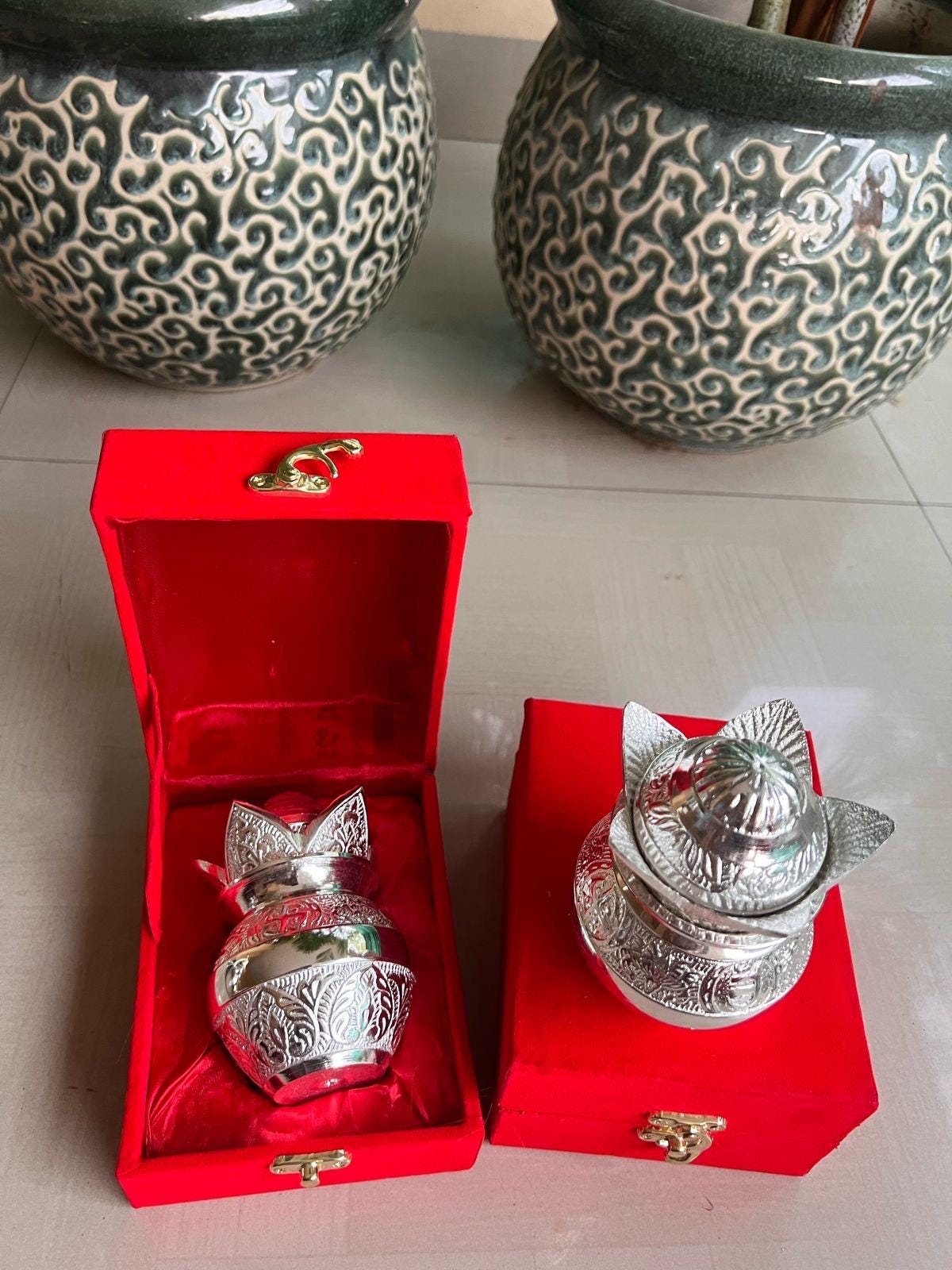 Handmade German Silver Mangal Kalash with Velvet Gift Box: Diwali Pooja Favor
