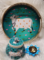 Pichwai Art Metal Tray Set: Nandi Cow Design, Indian Home Decor.