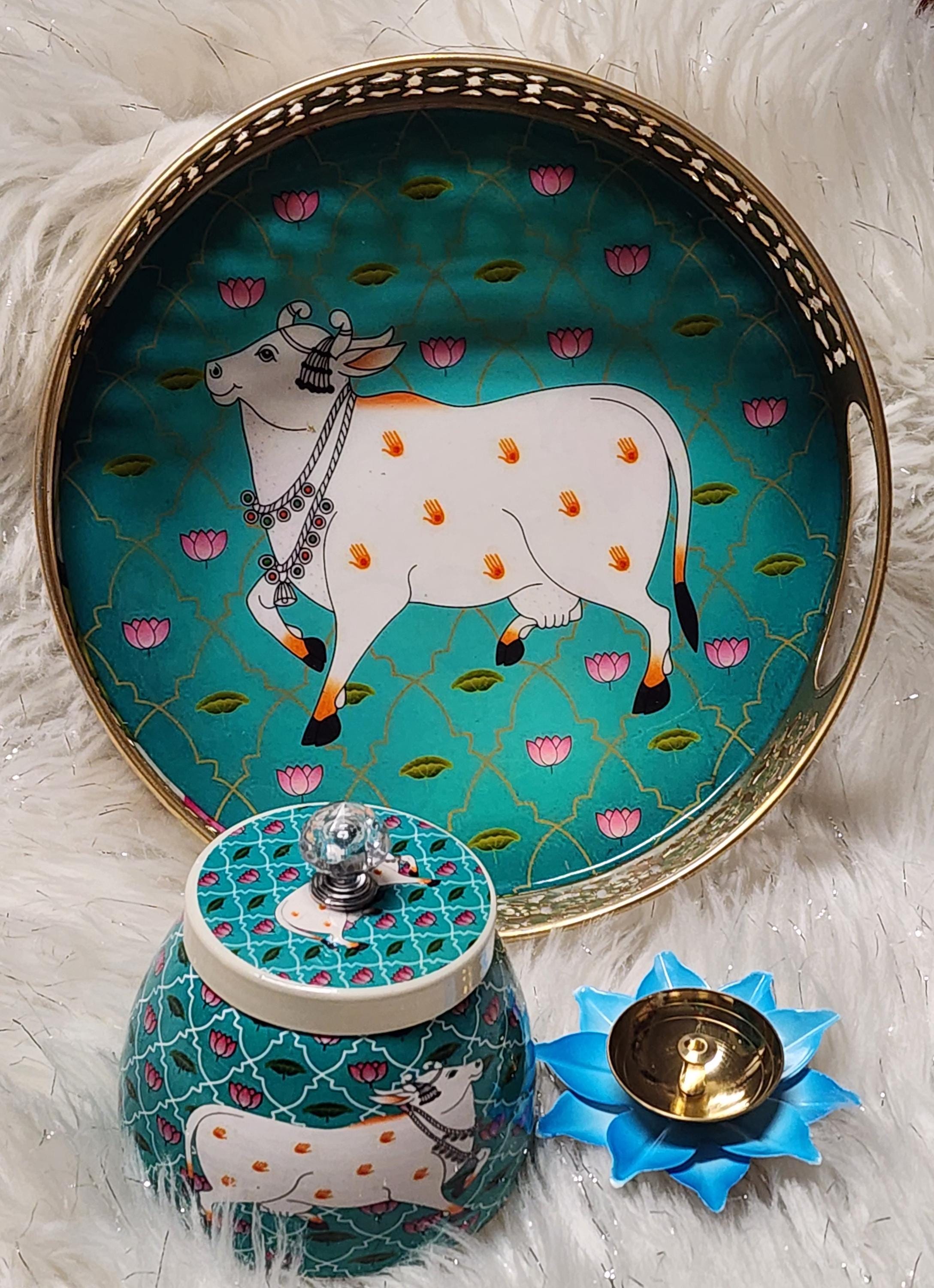 Pichwai Art Metal Tray Set: Nandi Cow Design, Indian Home Decor.