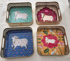 Pichwai Handmade Art Metal SquareTray Nandi Cow Design, Gift Favor.
