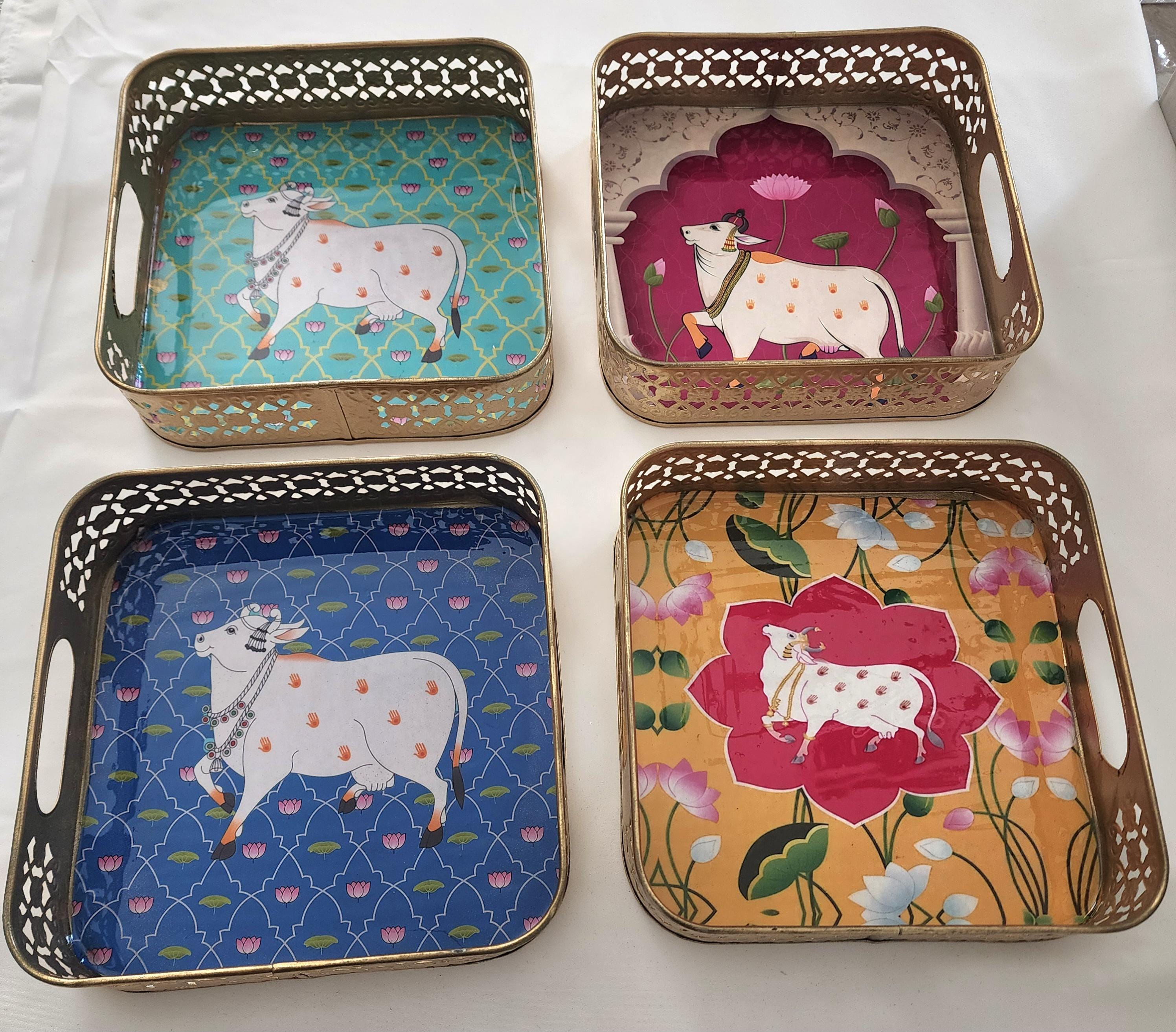Pichwai Handmade Art Metal SquareTray Nandi Cow Design, Gift Favor.