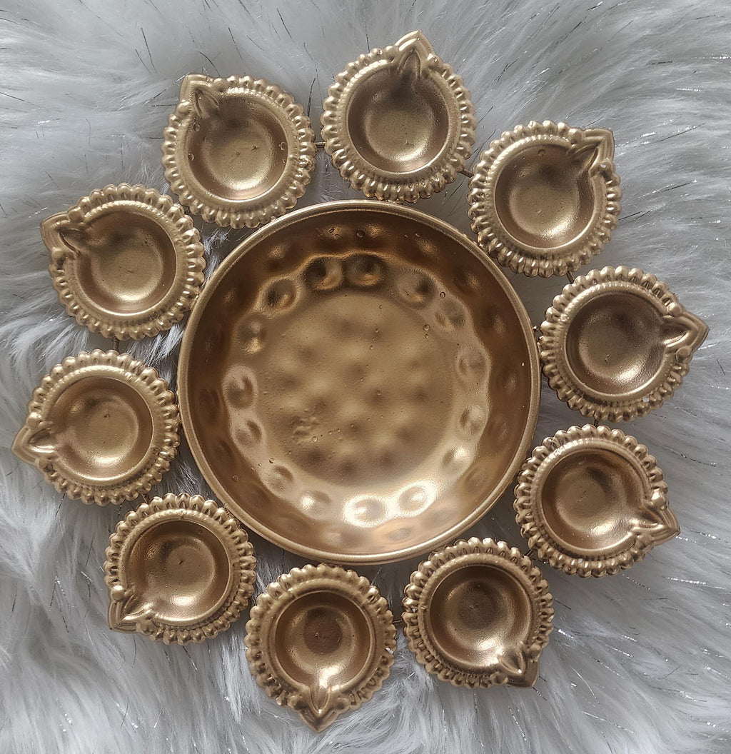 Diya Urli Bowl: Gold Metal Floating Flower & Tea Light Candle Holder (10 Inch)