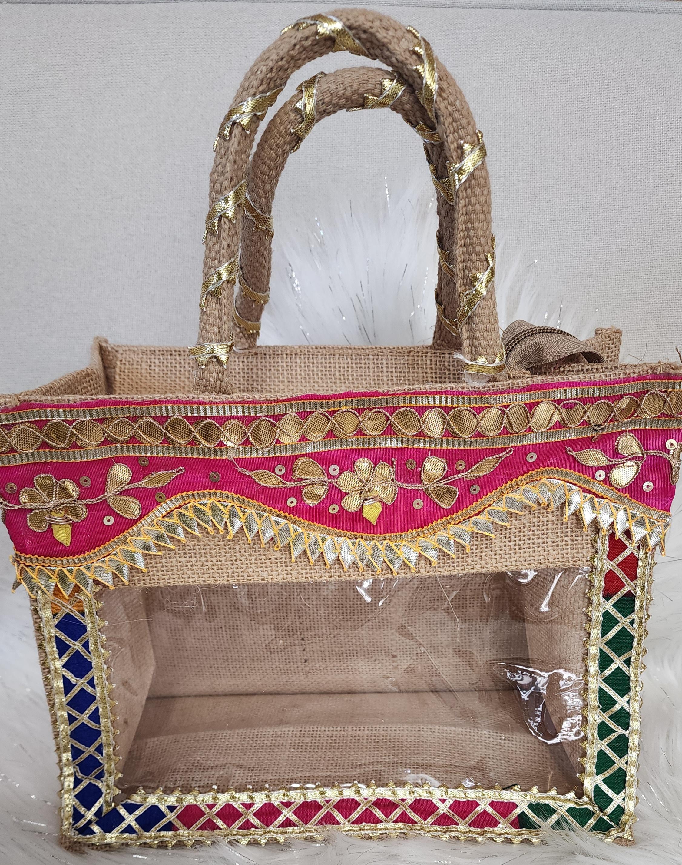 Gota Patti Handcrafted Gift Bag: Transparent Pooja Favor Bag.