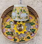 Pichwai Art Metal Tray Set: Nandi Cow Design, Indian Home Decor.