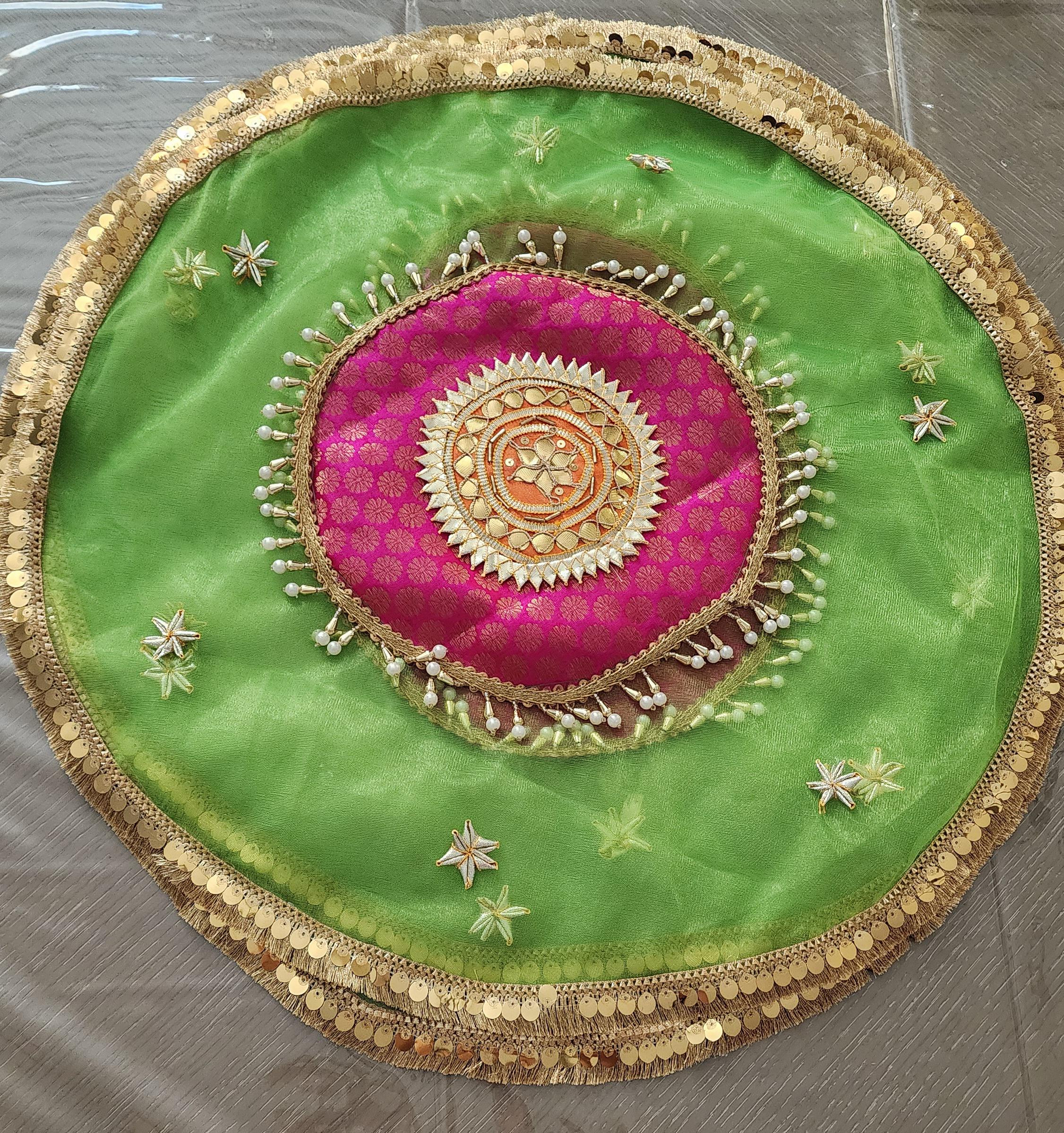 Handmade Organza Thali Cover: Indian Wedding Decor, Gota Embellished (21 inches)