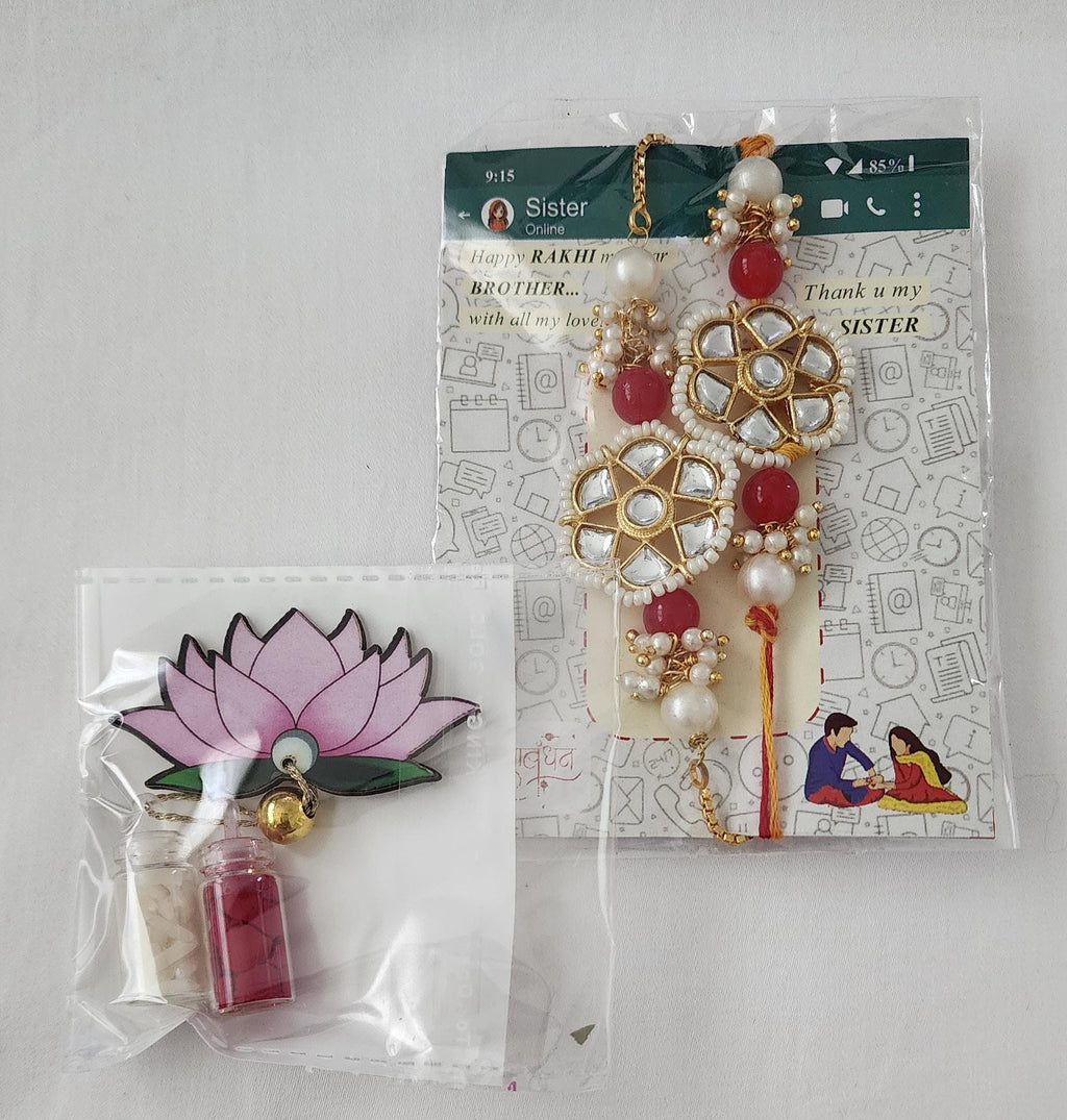 Handmade Kundan Rakhi Set: Pearl Chain Couple Rakhsha Bandhan