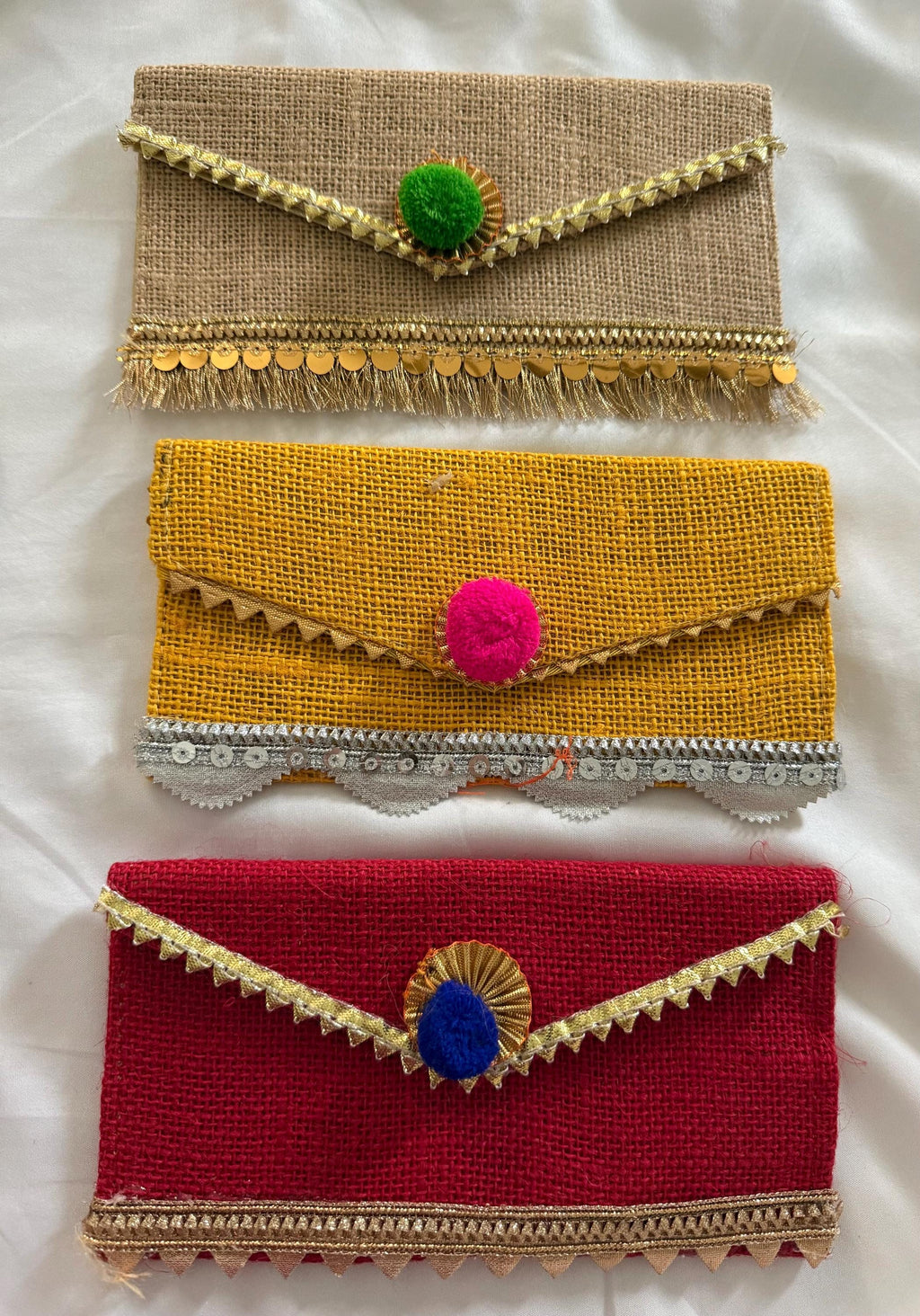 Jute Pom Pom Envelope Clutch: Wedding Sangeet Favor.