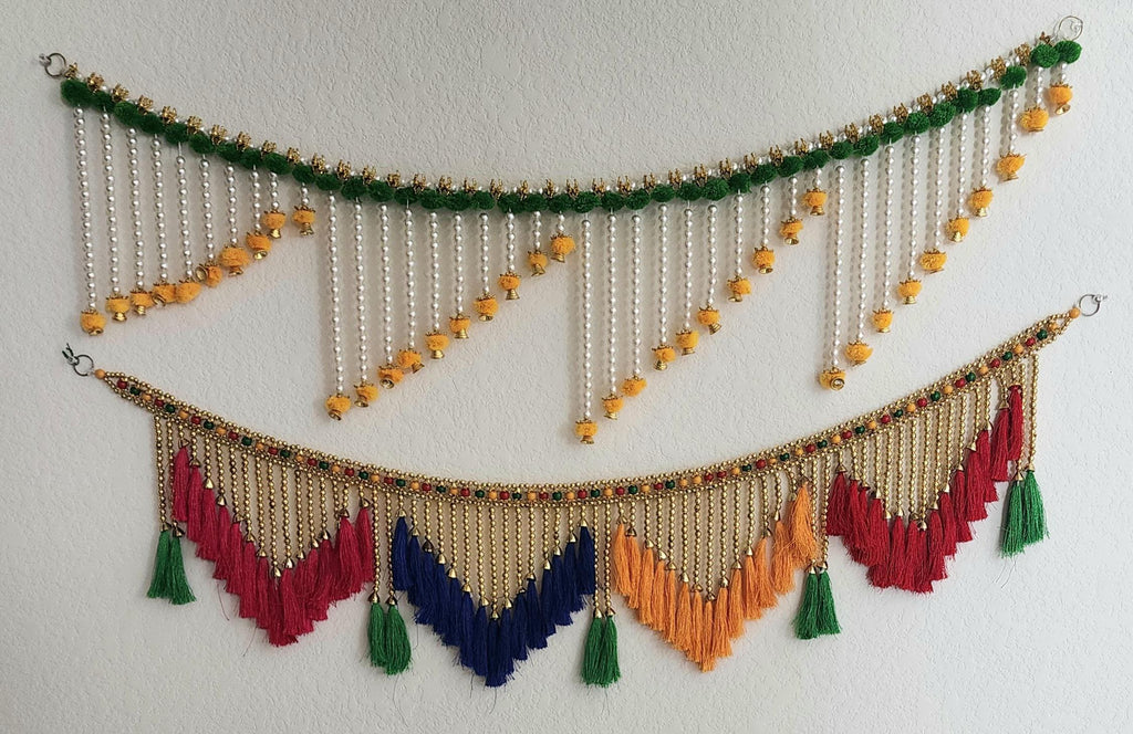 Handmade Indian Toran: Silk Pearl Door Hanging, Traditional Decor (41x12 inch)