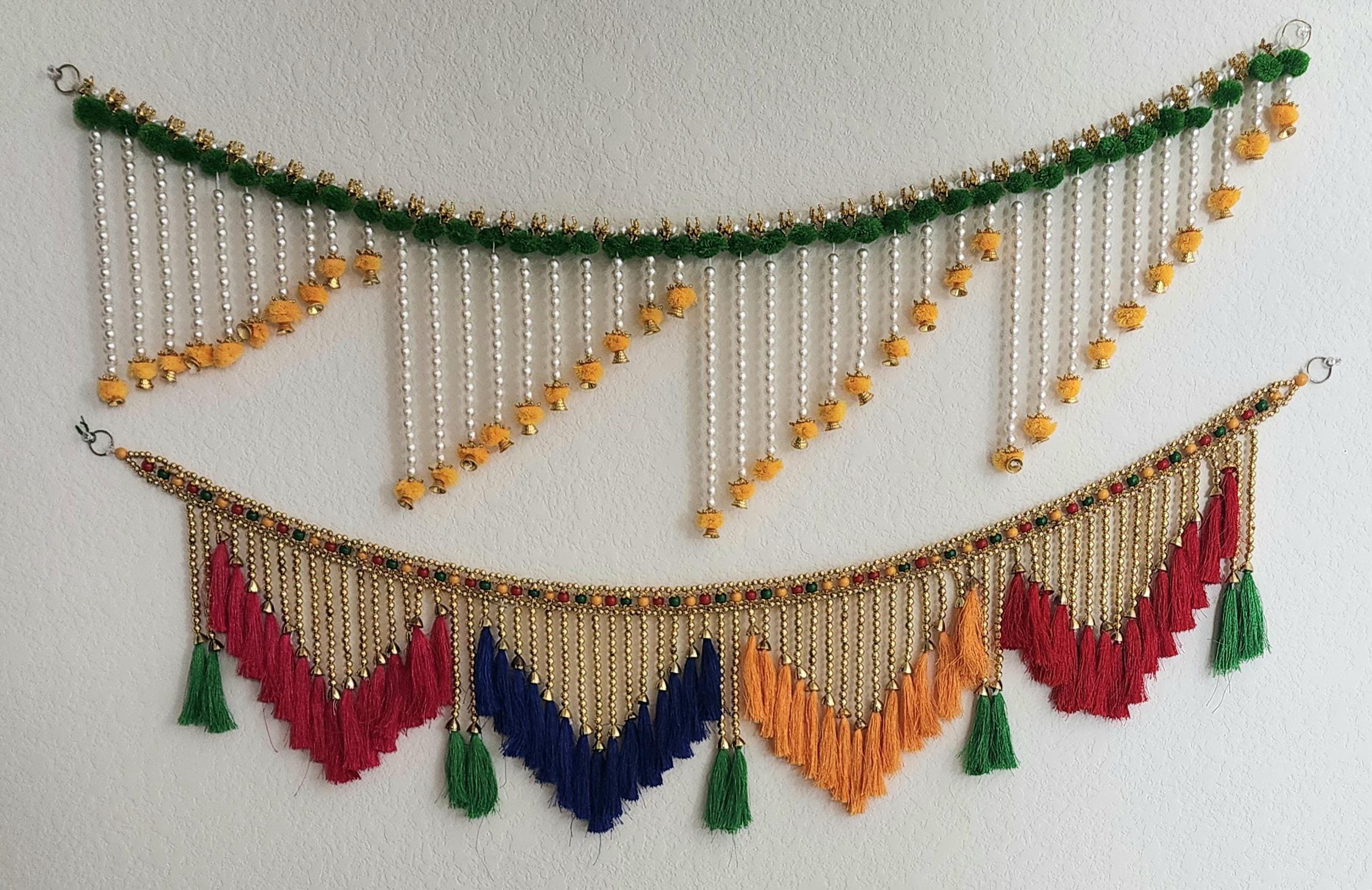 Handmade Indian Toran: Silk Pearl Door Hanging, Traditional Decor (41x12 inch)