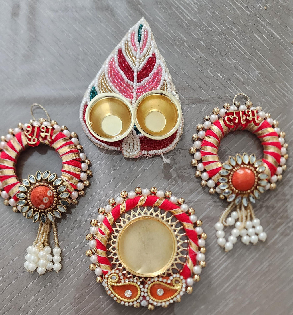 Potli Bag Set: Shubh Labh, Haldi Kumkum Plate, Diya - Indian Wedding Favors