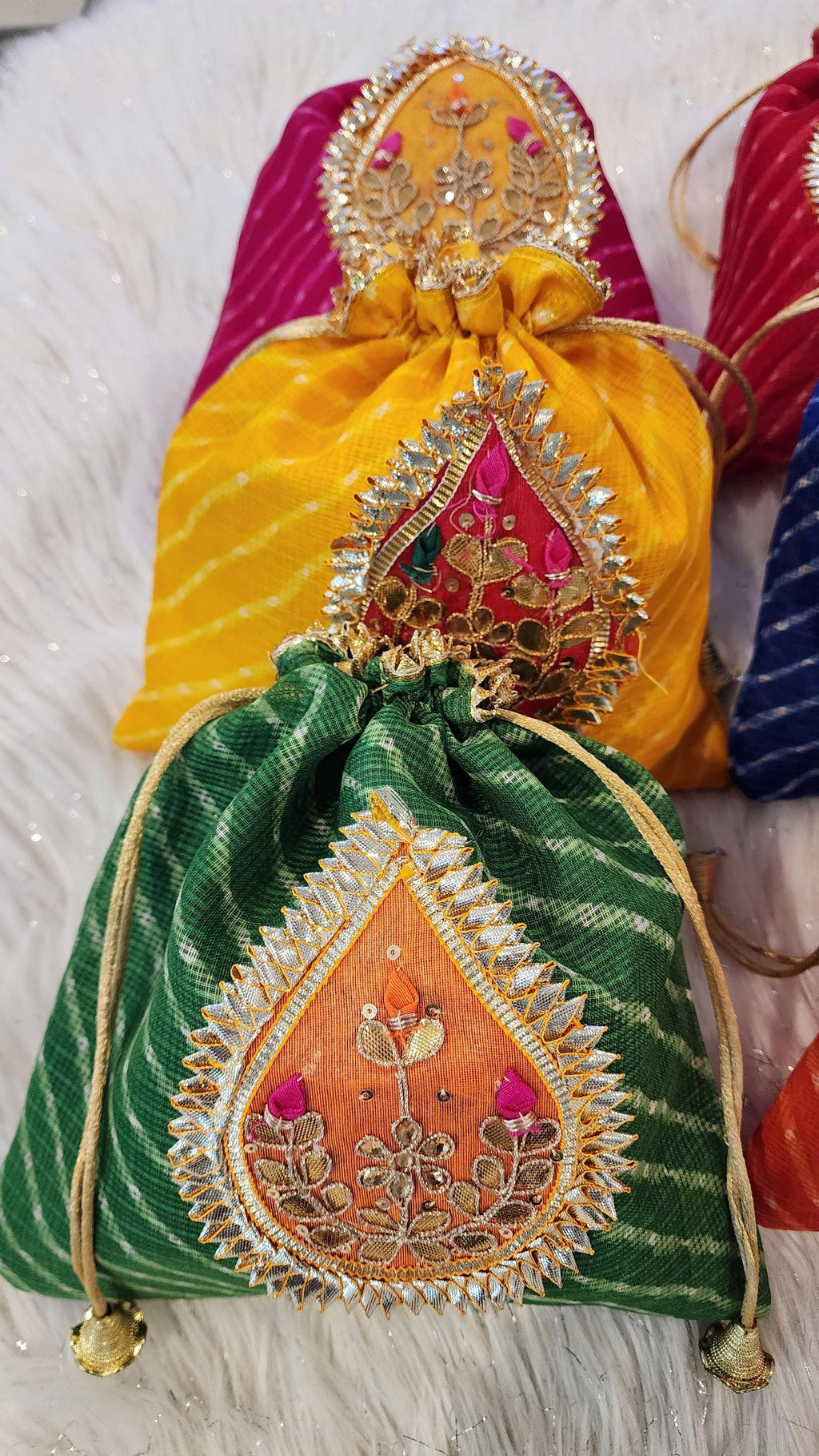 Embroidered Leheriya Potli Bag: Multicolor Gota Work, Wedding Favor