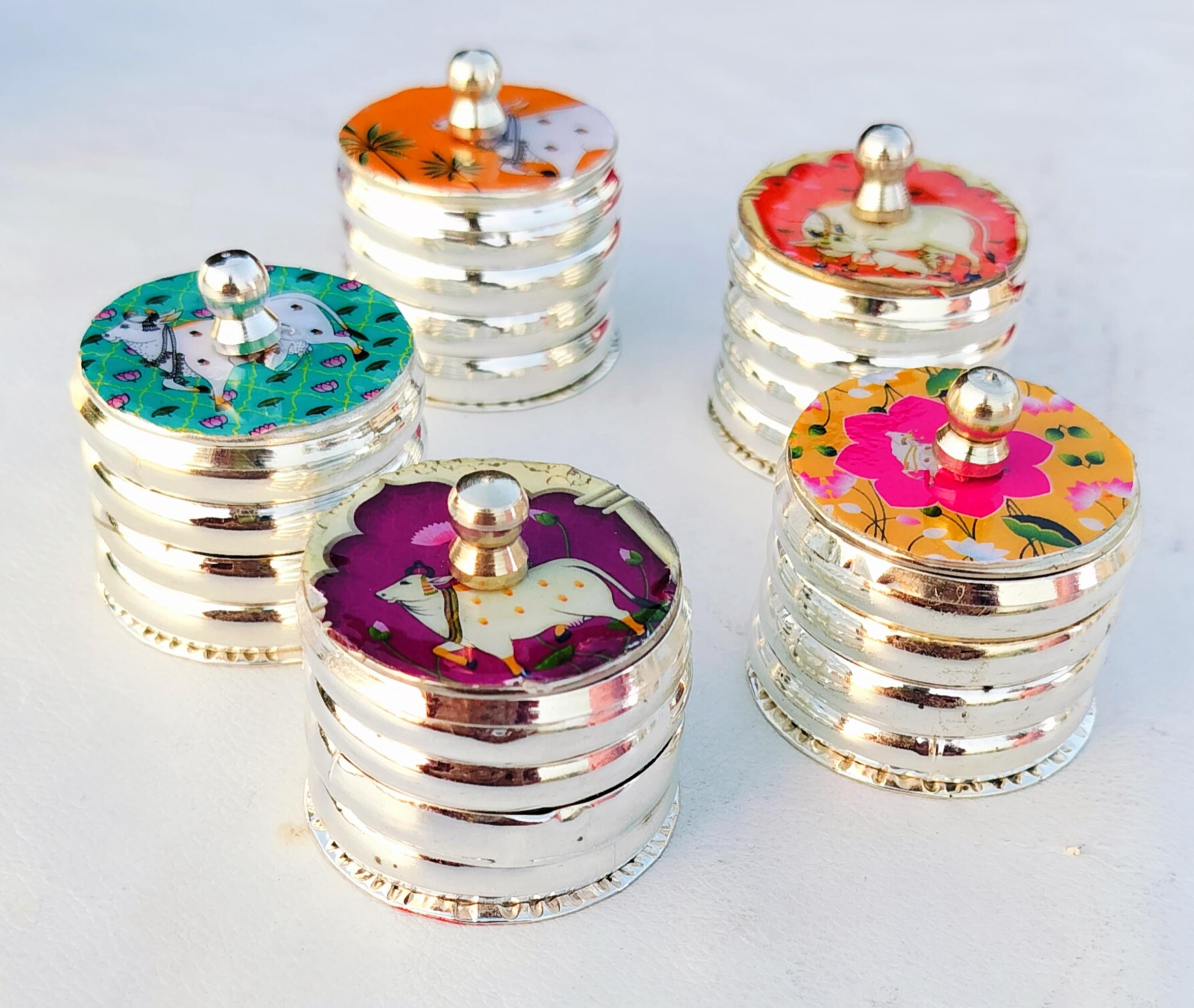 Handcrafted German Silver Haldi Kumkum Dibbi: Enamel Pichwai Design for gift.