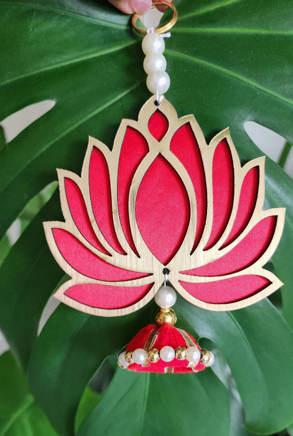 Red Wooden Lotus Hanging Pair: Indian Wedding Diwali Decor