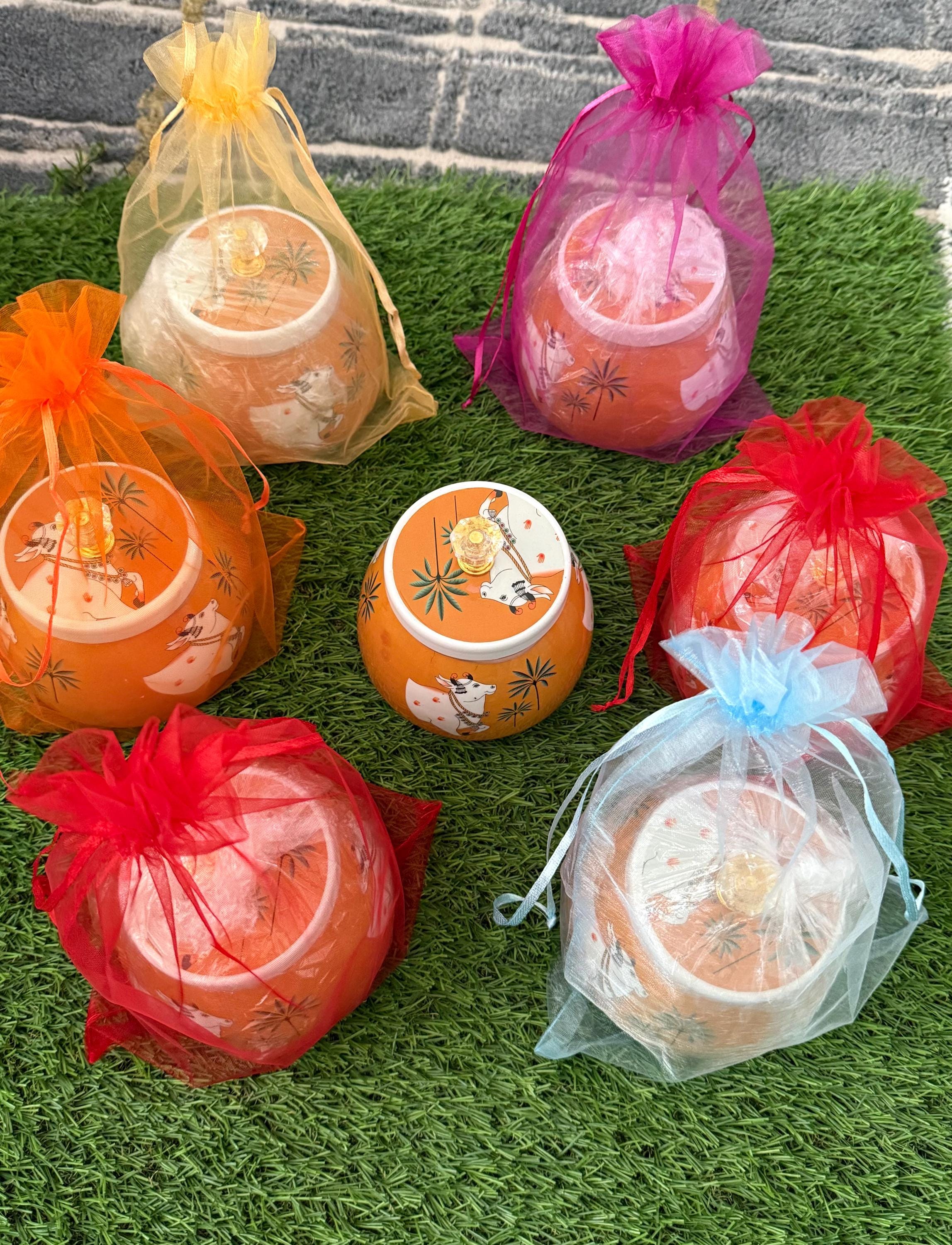 Pichwai Art Handmade Jar Nandi Cow Design, Copper Home Decor.