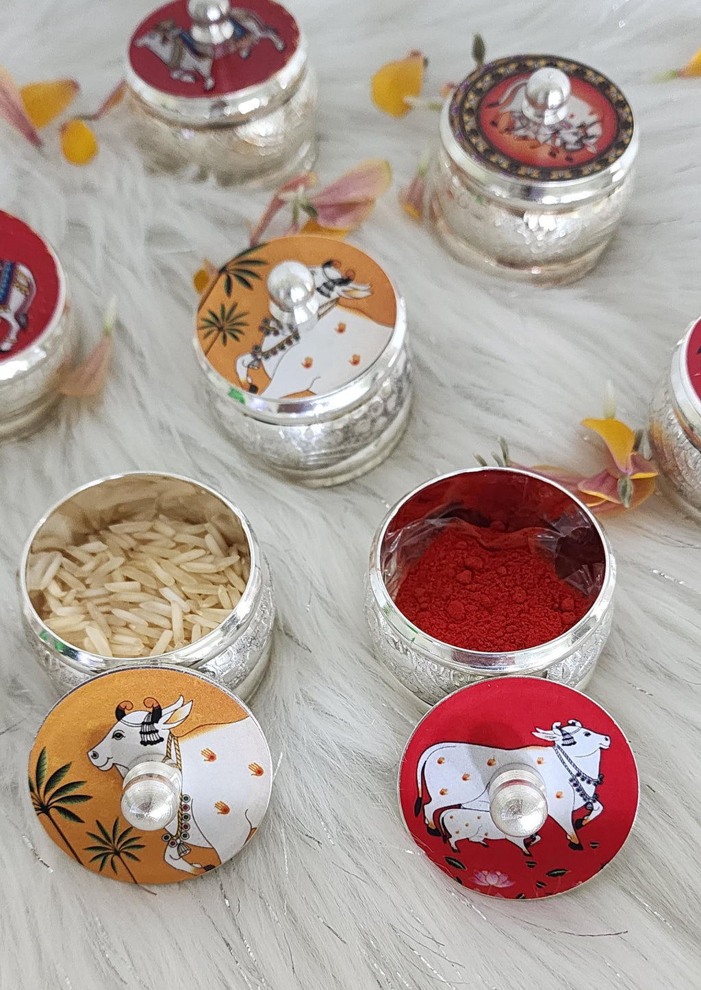 Handcrafted Enamel Haldi Kumkum Dibbi: German Silver Pichwai, Wedding Favor.