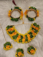 Floral Haldi Mehandi Jewelry Set: Indian Wedding Necklace, Earrings, Maang Tikka, Gajra