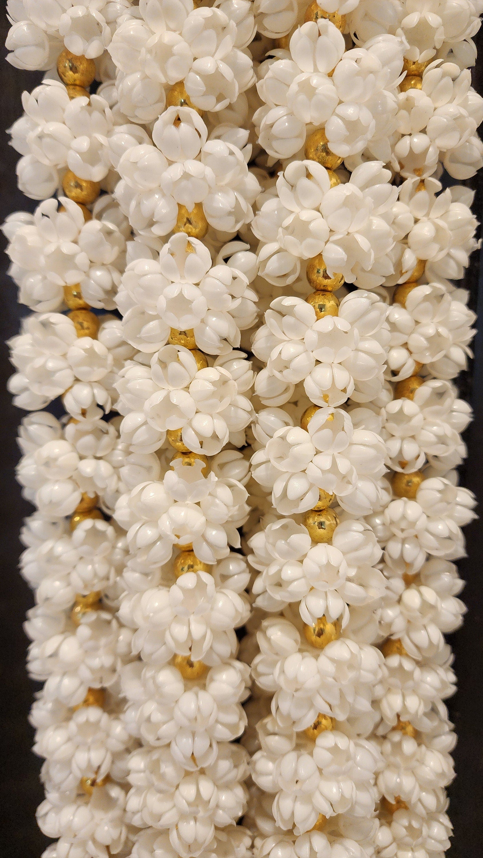 Mogra Bell Garland: White & Gold Artificial Flower String (Pack of 8)