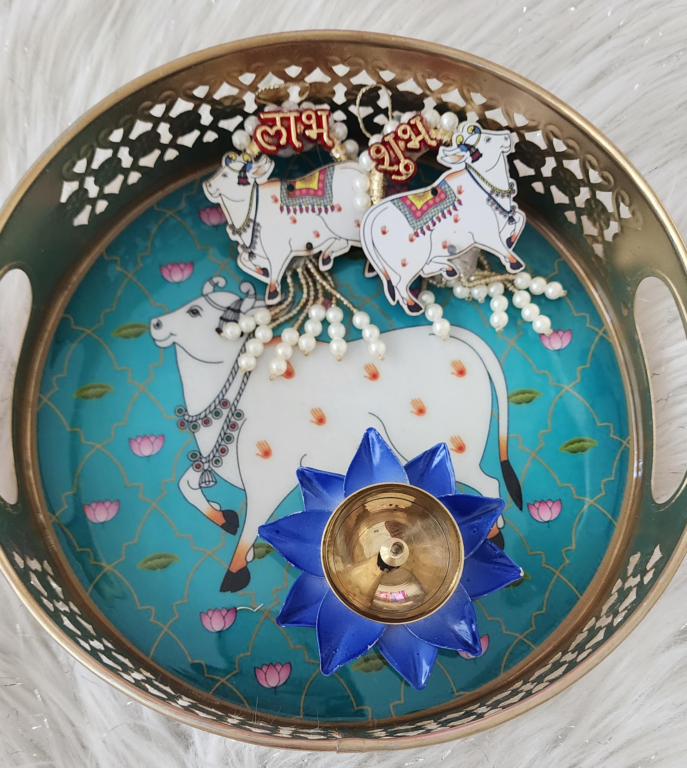 Pichwai Art Metal Tray Set: Nandi Cow Design, Diwali Decor.