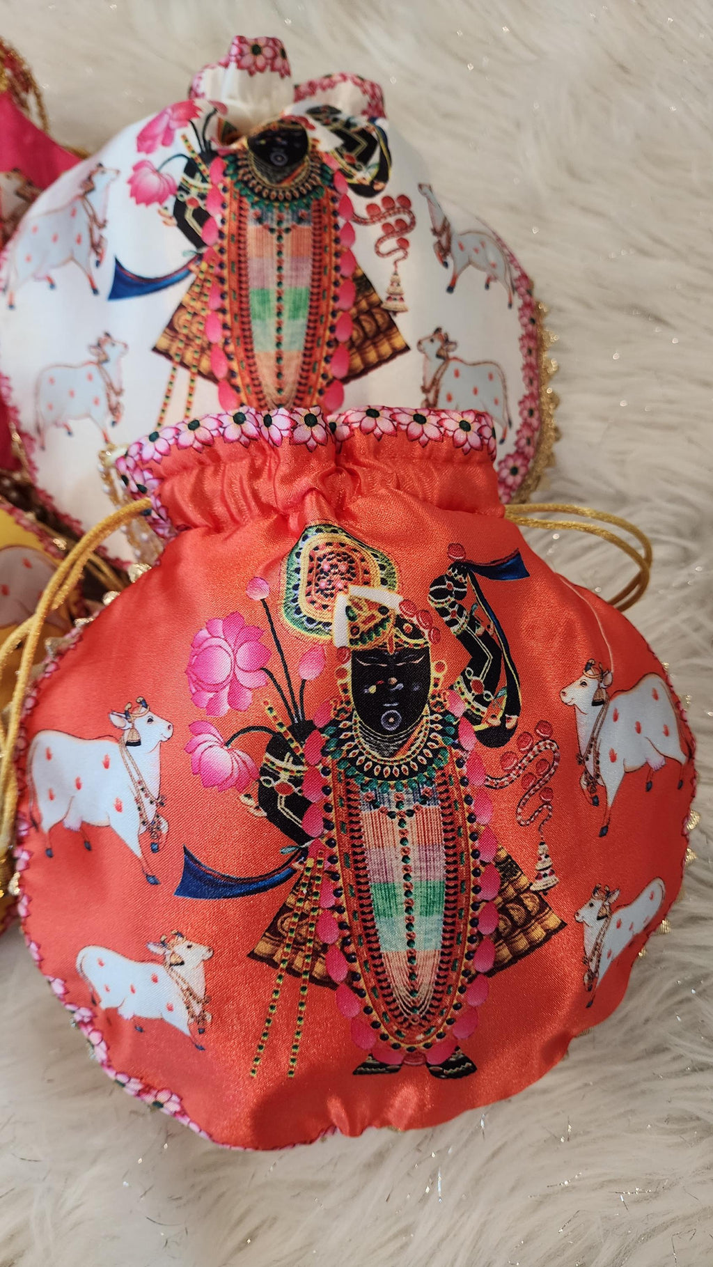 Shreenath ji God Potli Bag: Embroidered Silk Clutch, Indian Wedding Favor.