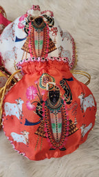 Shreenath ji God Potli Bag: Embroidered Silk Clutch, Indian Wedding Favor.