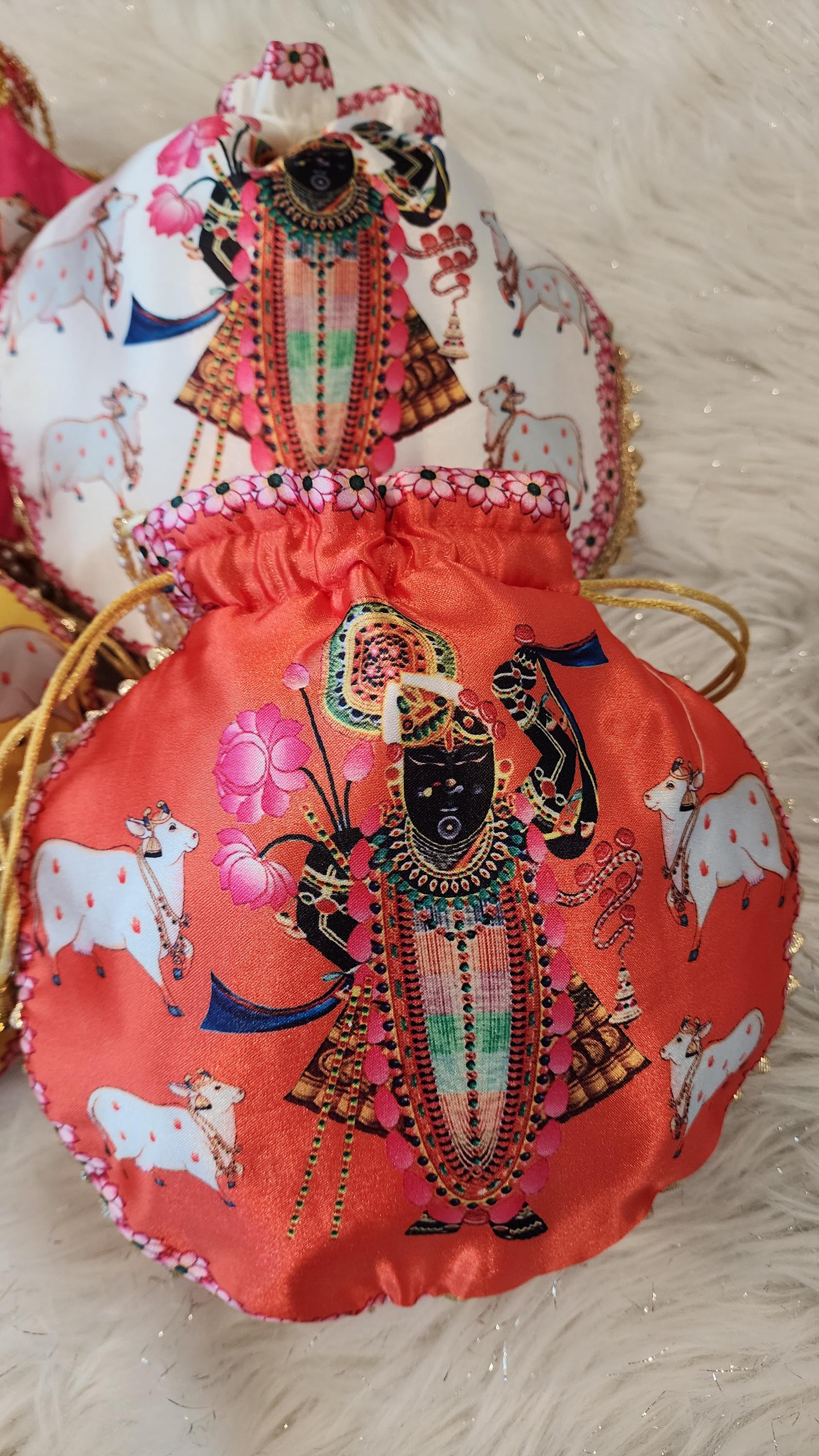 Shreenath ji God Potli Bag: Embroidered Silk Clutch, Indian Wedding Favor.