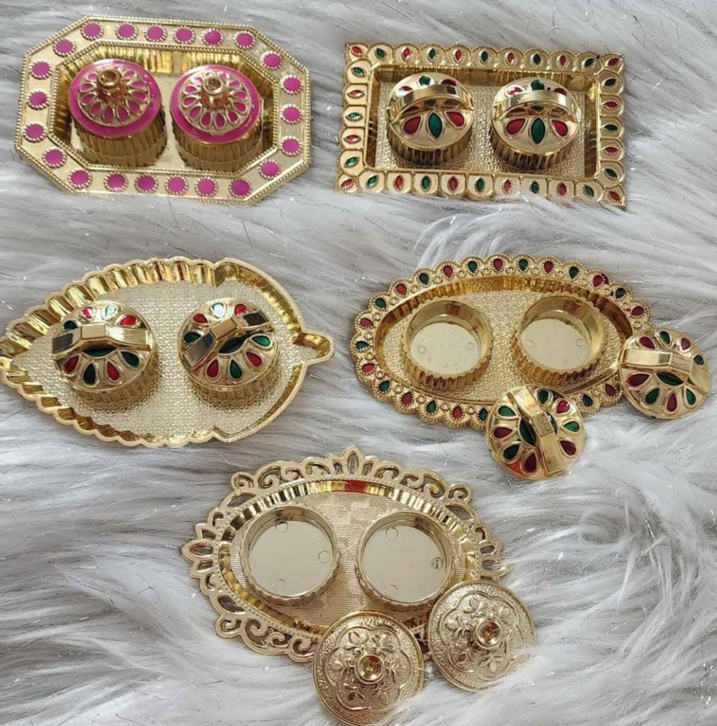Haldi Kumkum Decorative Plates: Vermilion Holder Pooja Thali, Mehndi Decoration.