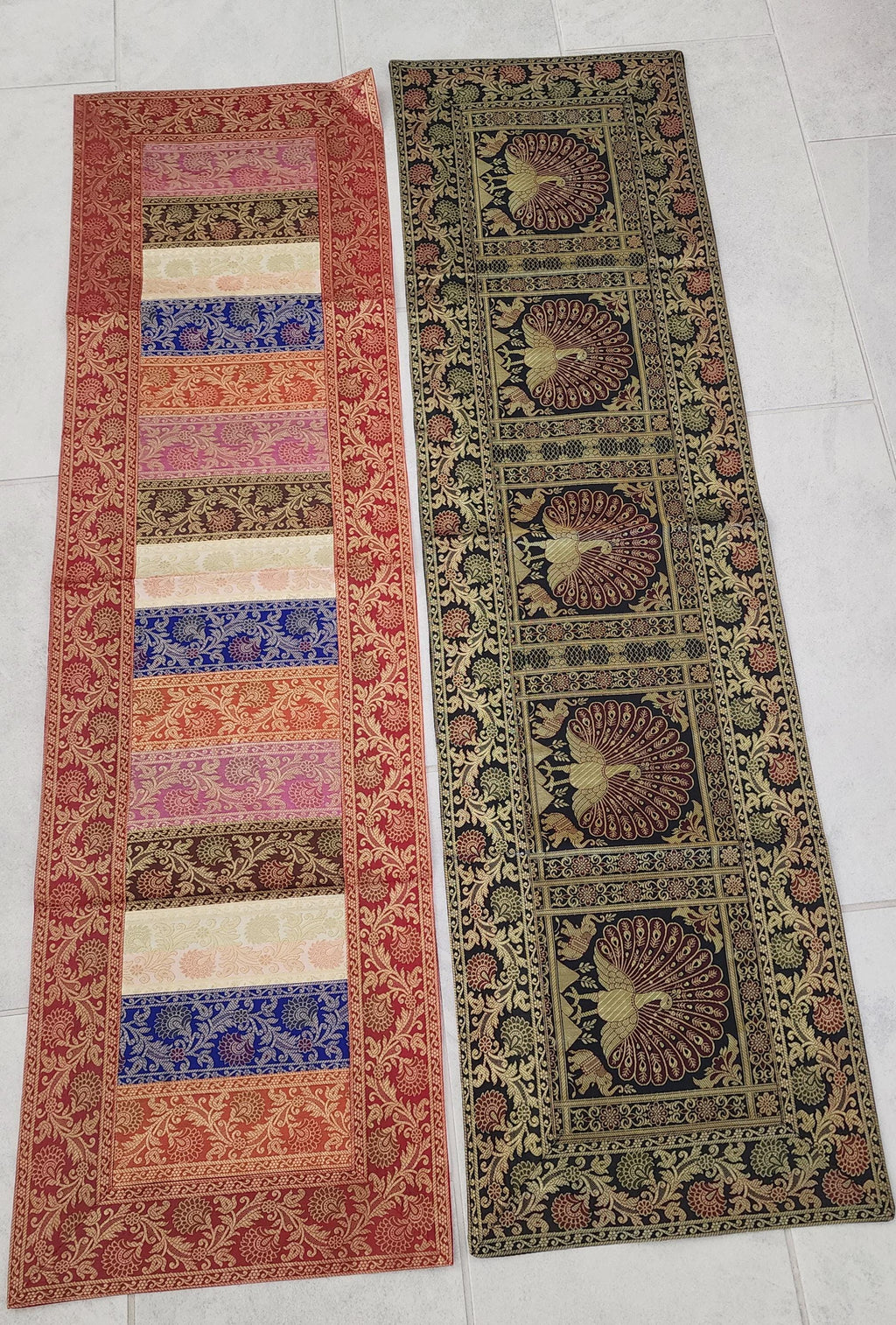 Peacock Print Silk Brocade Table Runner - Indian Decor (16x60 Inch)