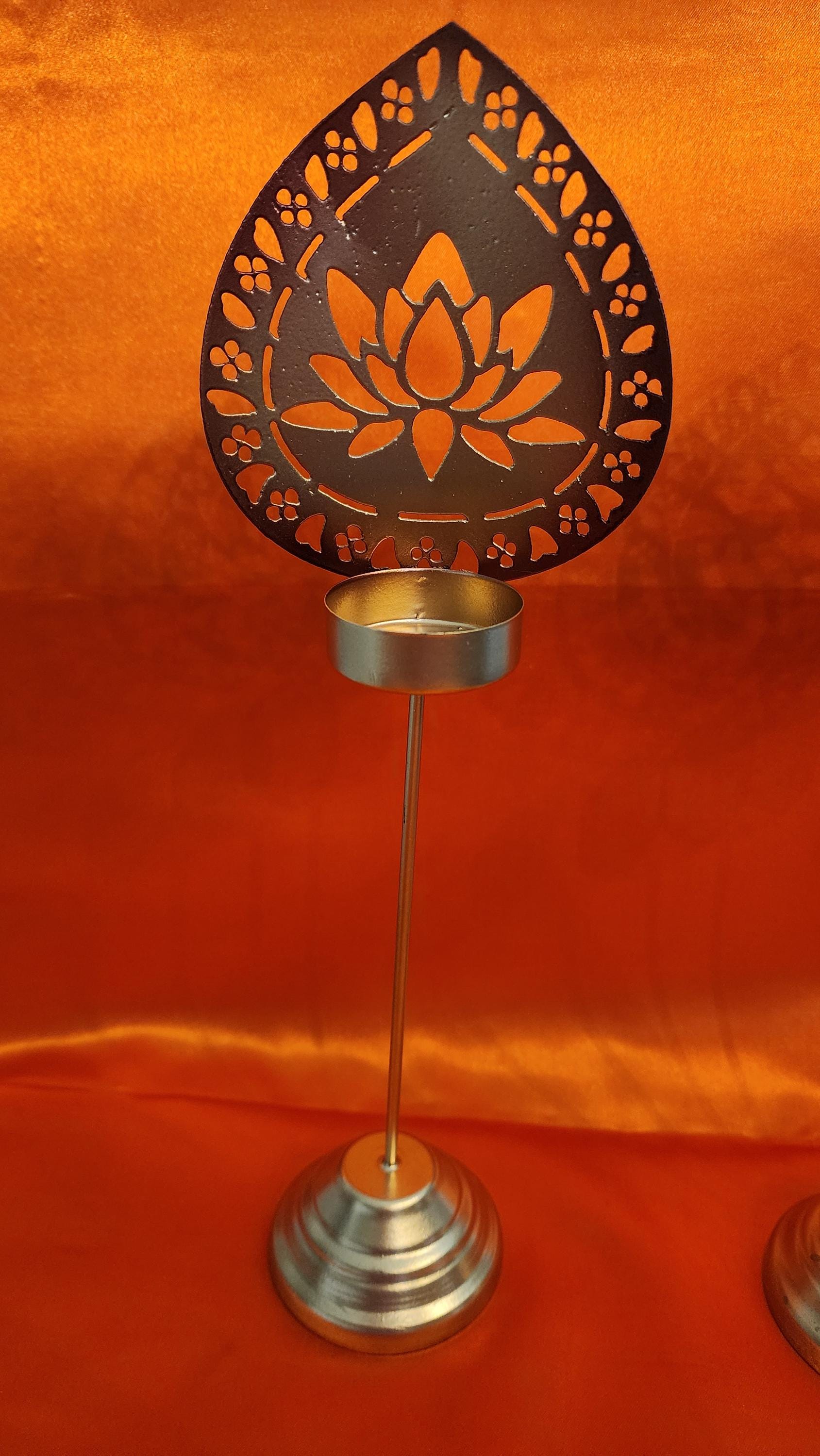 Handmade Metallic Urli Diya with Stand: Lotus/Om Diwali Decor - 10 inch