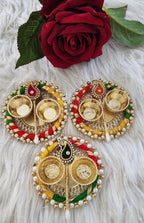 Handcrafted Multicolor Haldi Kumkum Plate: Pooja Favor with Stick