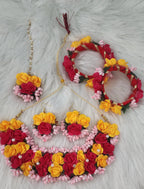 Floral Haldi Mehandi Jewelry Set: Necklace, Earrings, Maang Tikka & Hand Gajra