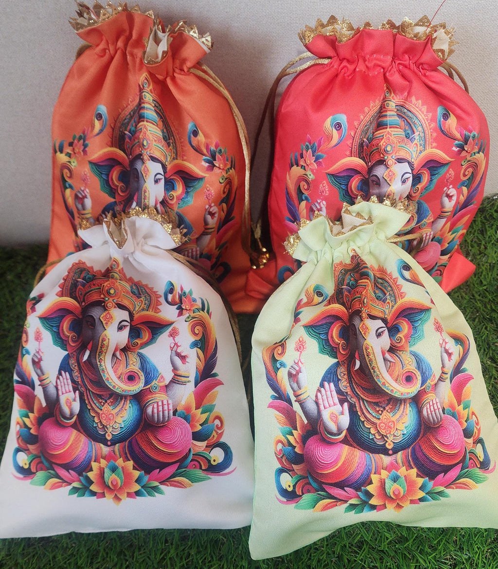 Silk Ganpati Potli Bags - Indian Wedding / Diwali Return Gifts Bags.