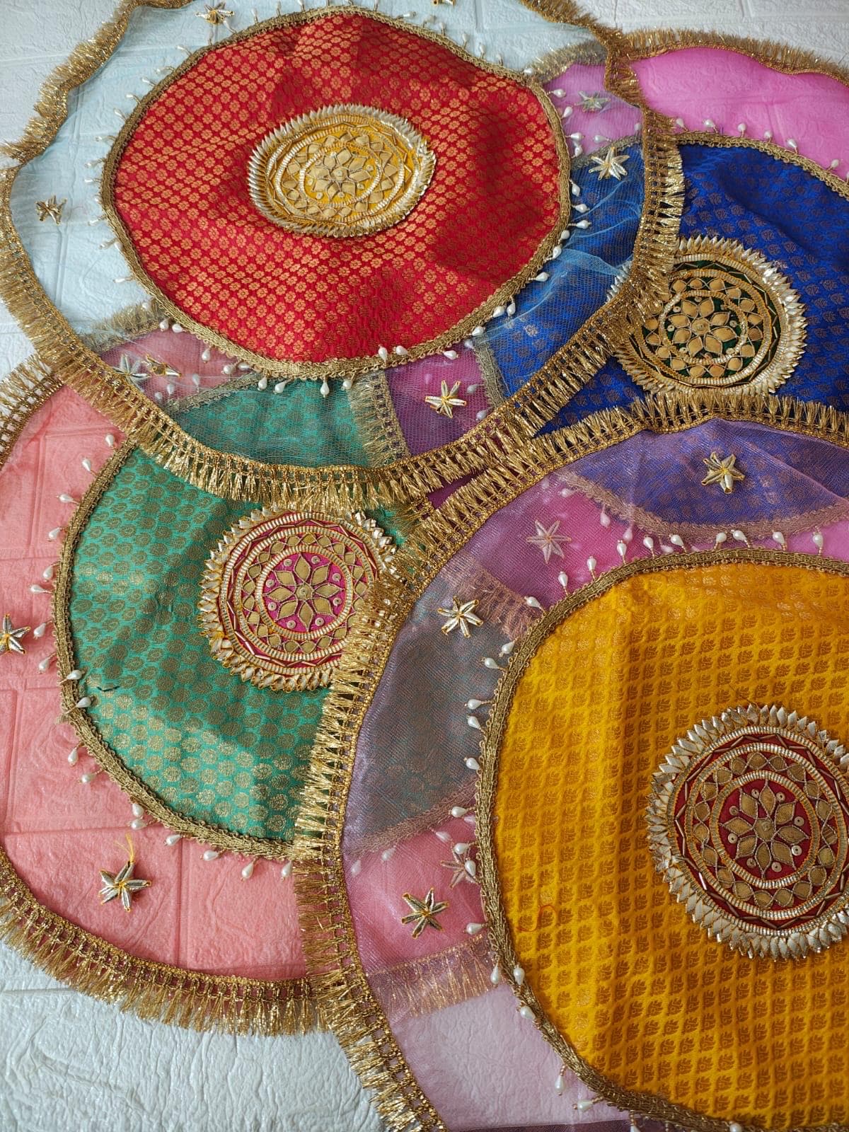 Handmade Organza Thali Cover: Indian Wedding Decor, Gota Embellished (21 inches)