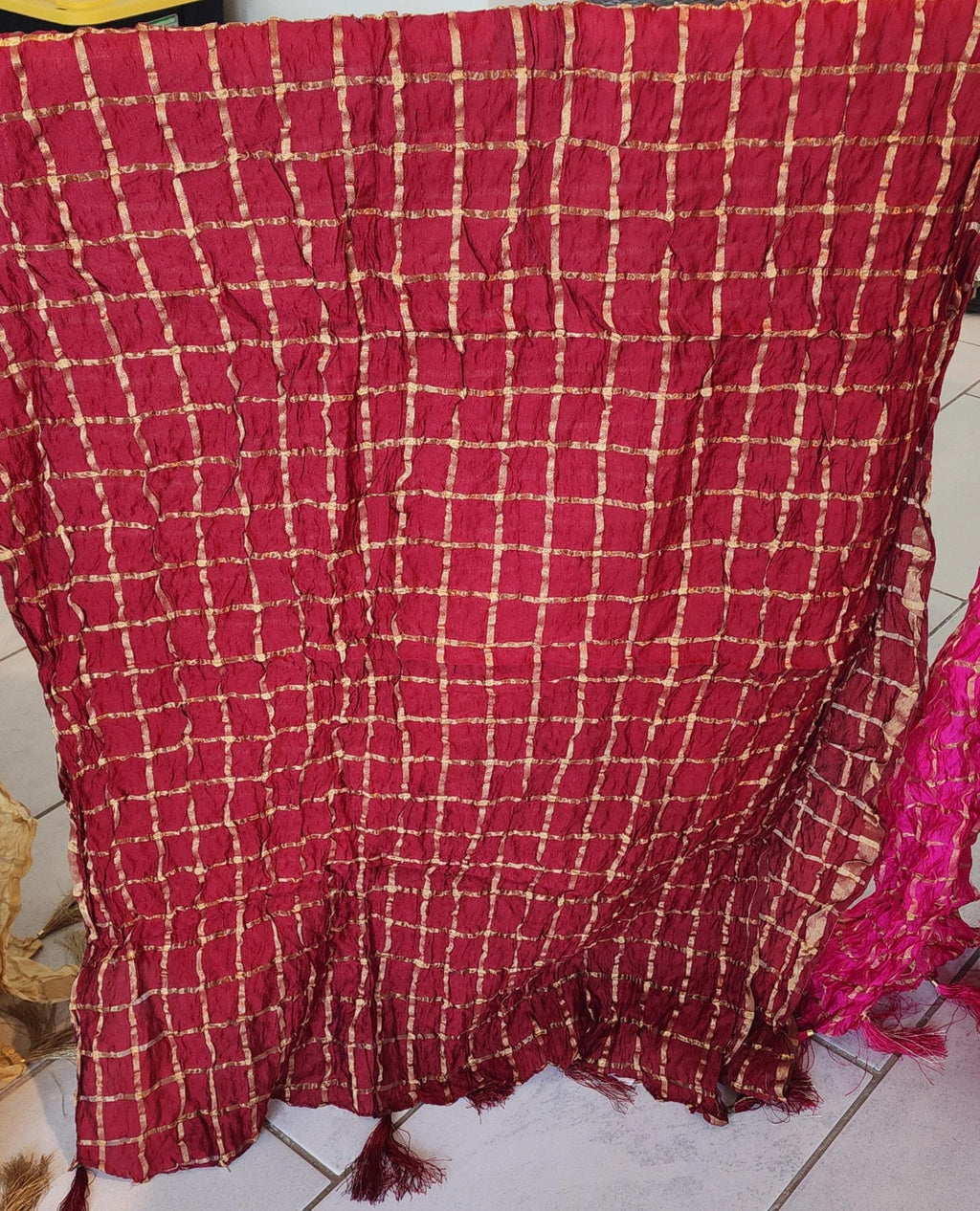 Tie Dye Art Silk Dupatta: Rajasthani Ghat Chola with Tassels.