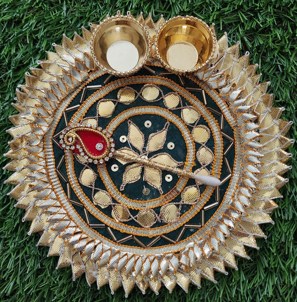 Handcrafted Haldi Kumkum Plate: Gotta Patti Work, Pooja Favor (6 inch)