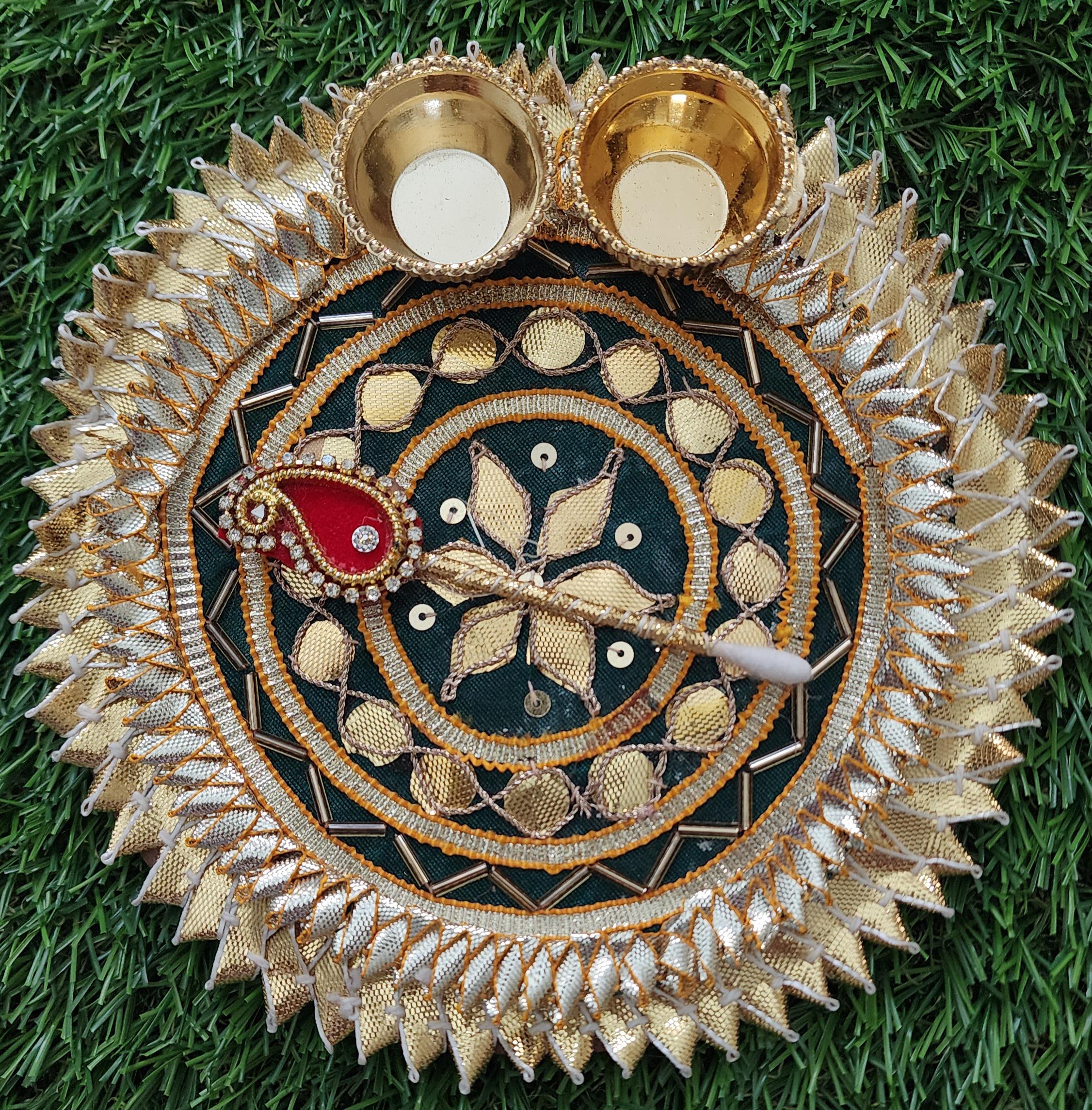 Handcrafted Haldi Kumkum Plate: Gotta Patti Work, Pooja Favor (6 inch)