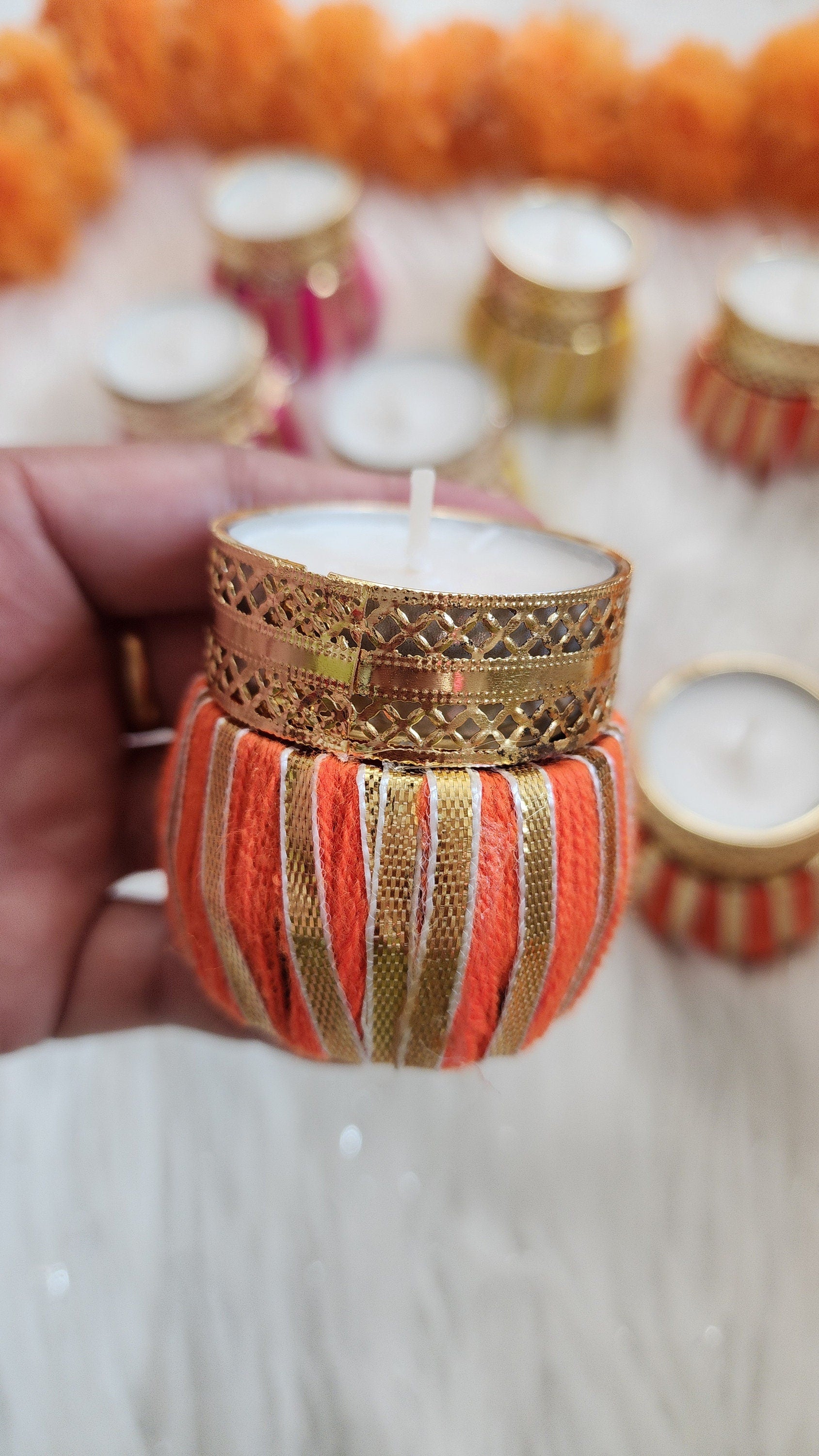 Handmade Multicolor Tea Light Holder: Diwali Favor, Pooja Decor (2.5 inches)