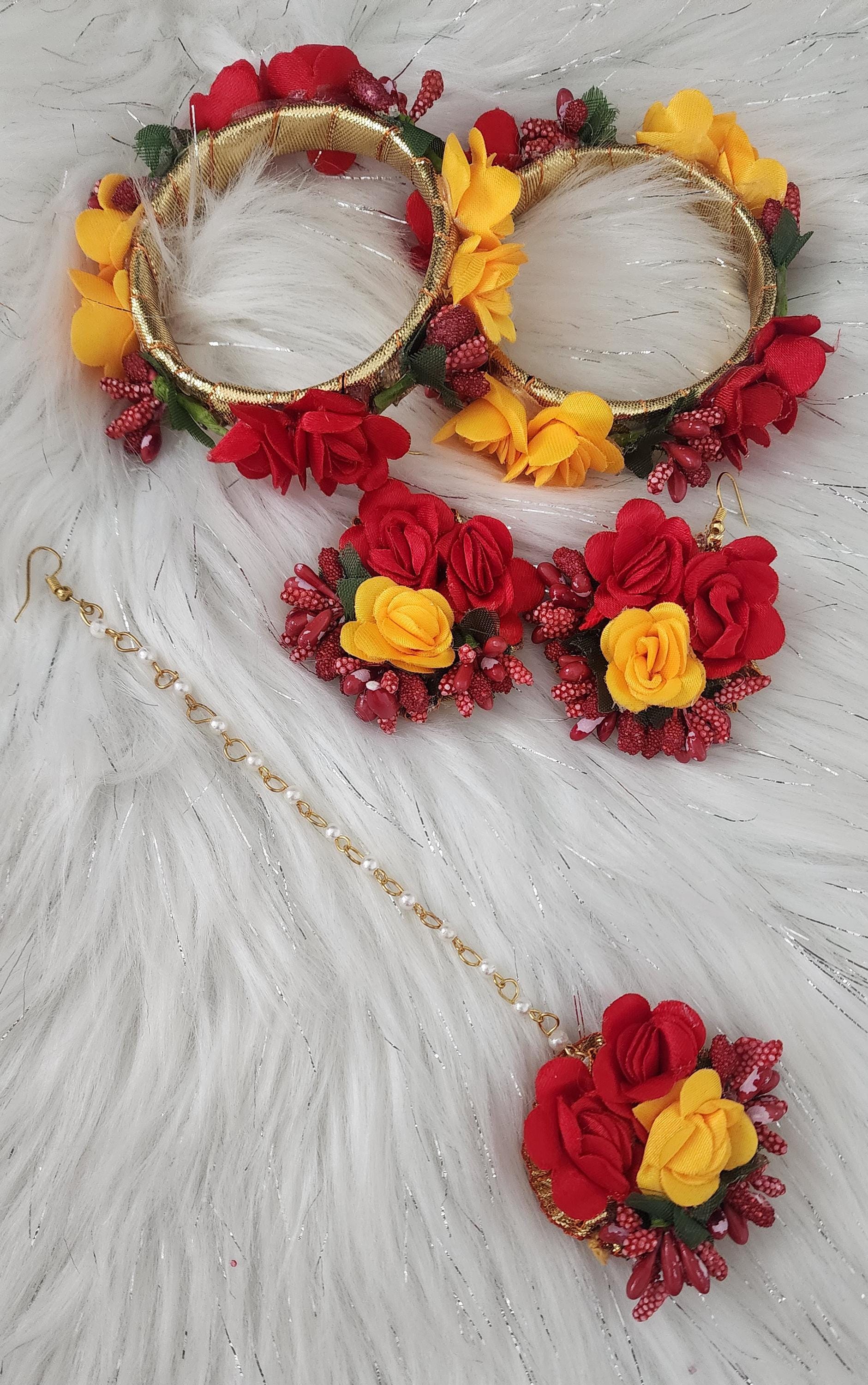 Floral Haldi Mehandi Jewelry Set: Necklace, Earrings, Maang Tikka & Hand Gajra