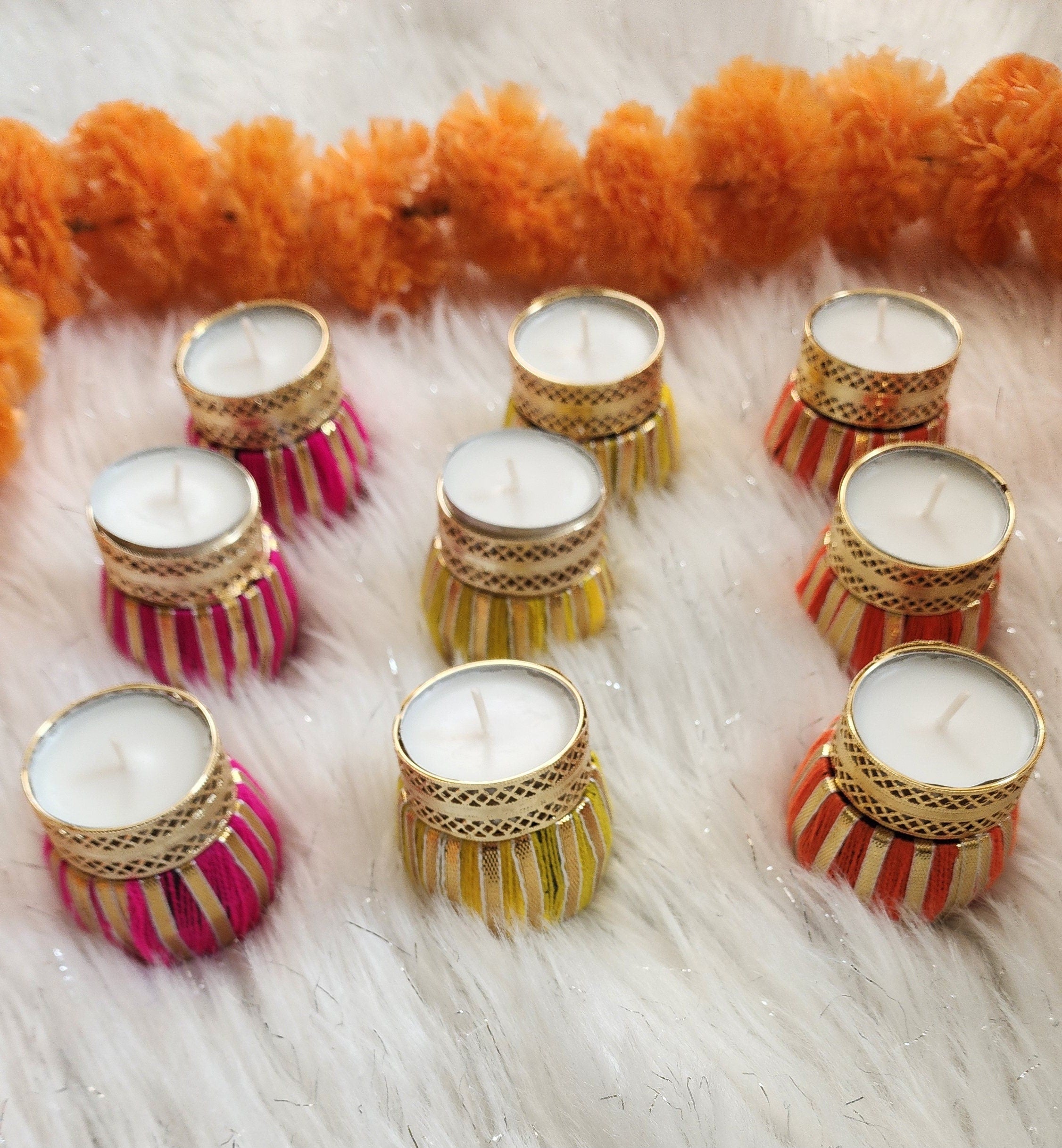 Handmade Multicolor Tea Light Holder: Diwali Favor, Pooja Decor (2.5 inches)
