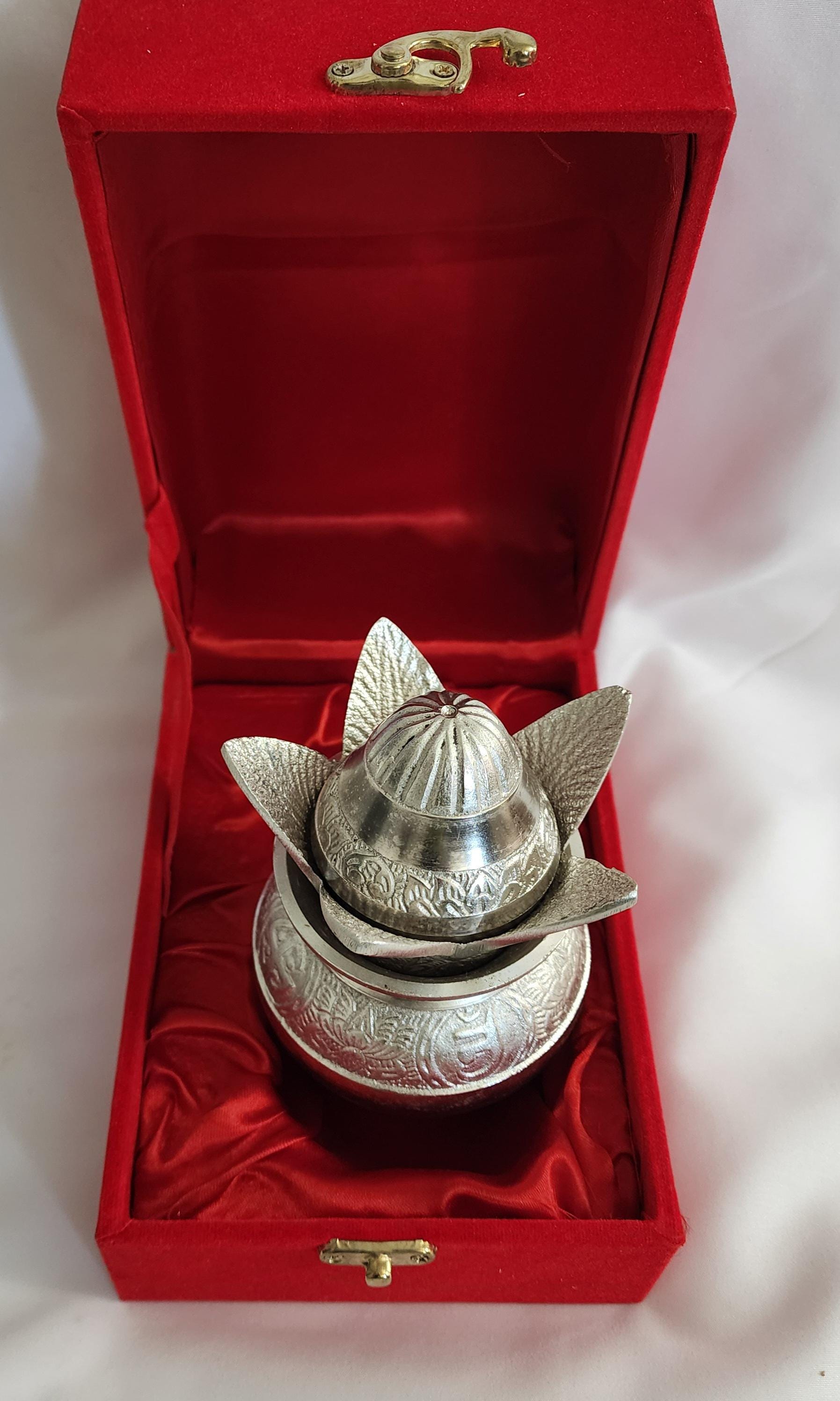 Handmade German Silver Mangal Kalash with Velvet Gift Box: Diwali Pooja Favor
