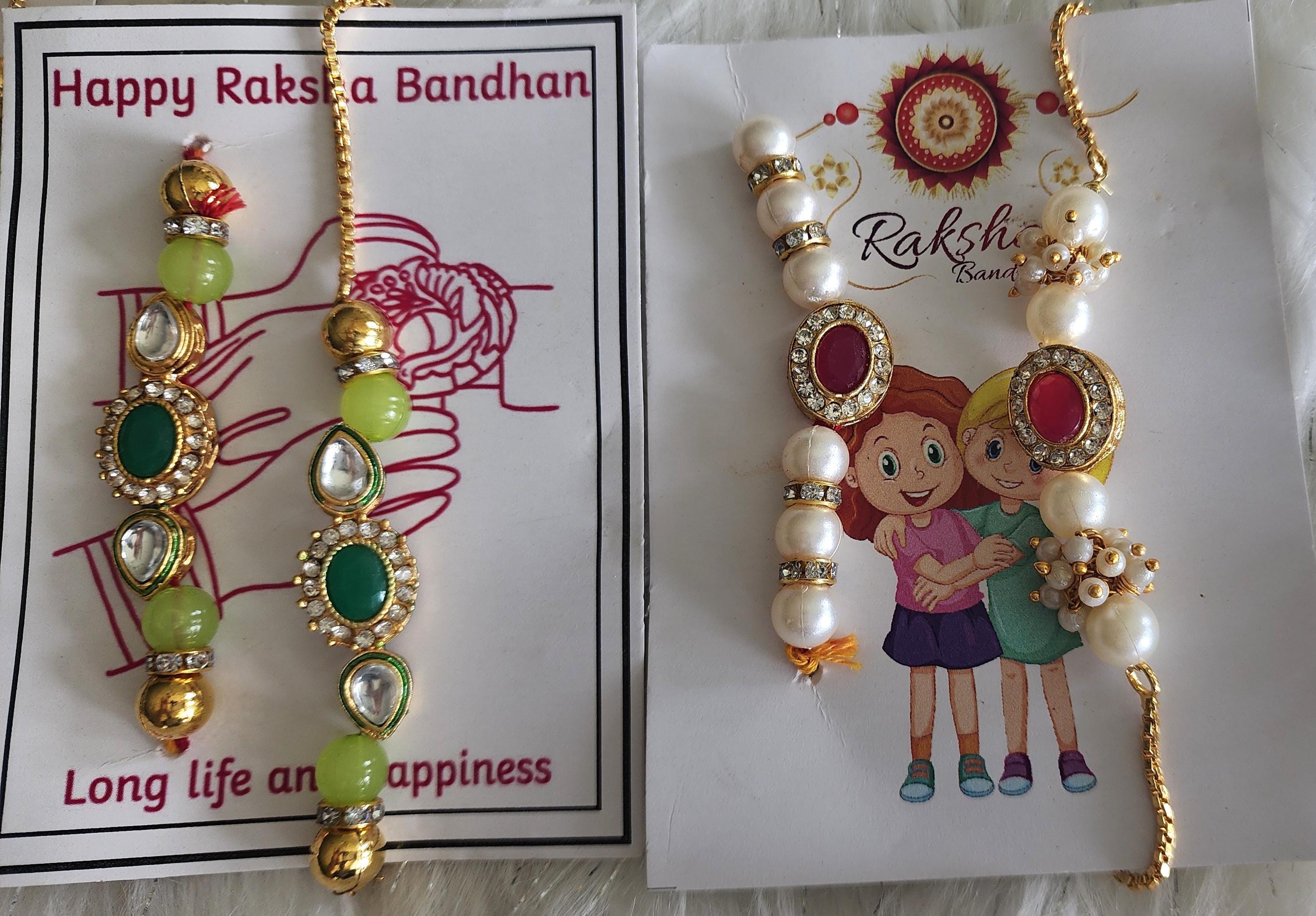 Handmade Kundan Rakhi Set: Pearl Chain Couple Rakhsha Bandhan