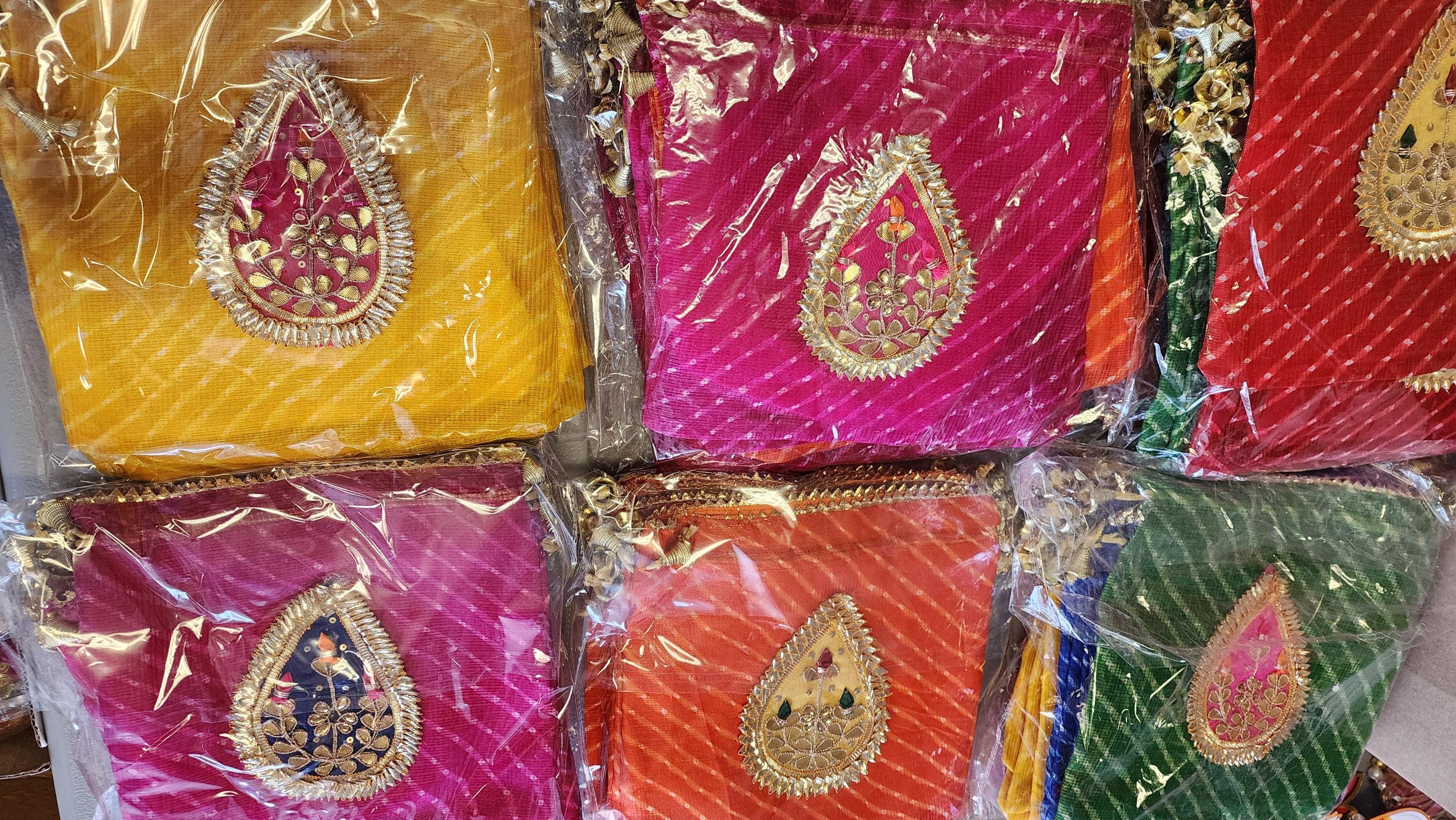 Embroidered Leheriya Potli Bag: Multicolor Gota Work, Wedding Favor