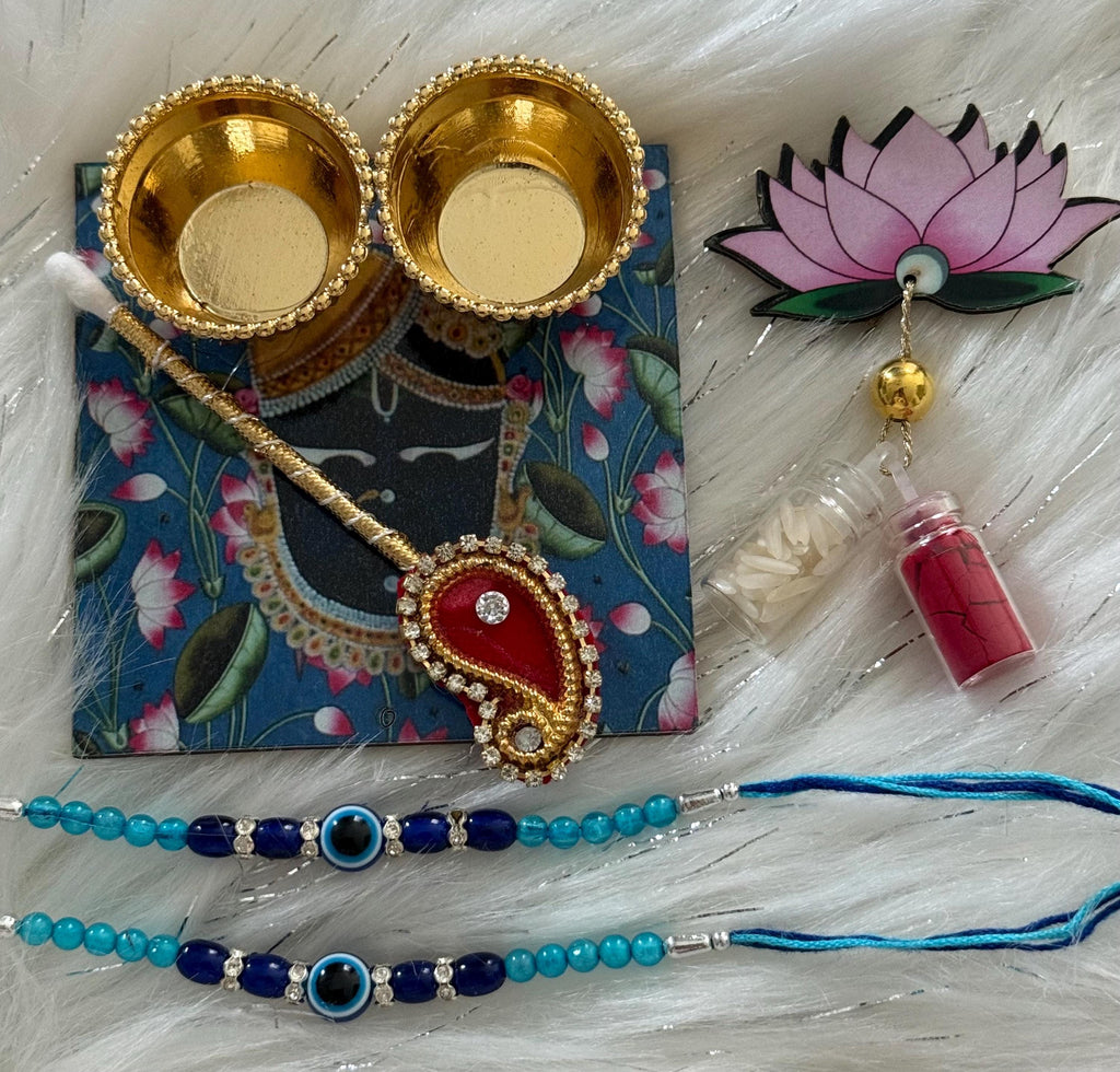 Handmade Rakhi Combo Set: Evil Eye Rakhi, Haldi Kumkum Plate