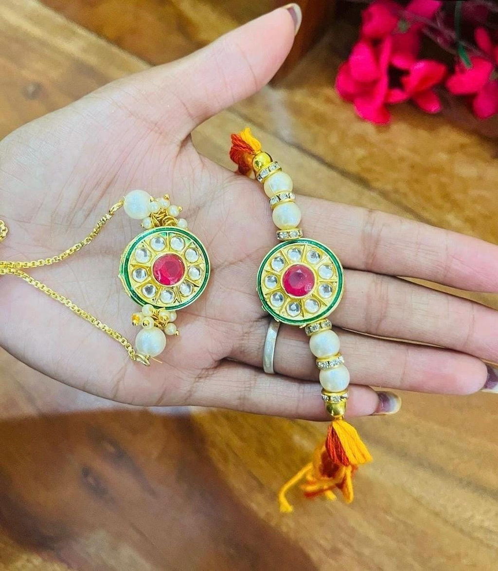 Handmade Kundan Rakhi Set: Pearl Chain Couple Rakhi with Roli Chawal