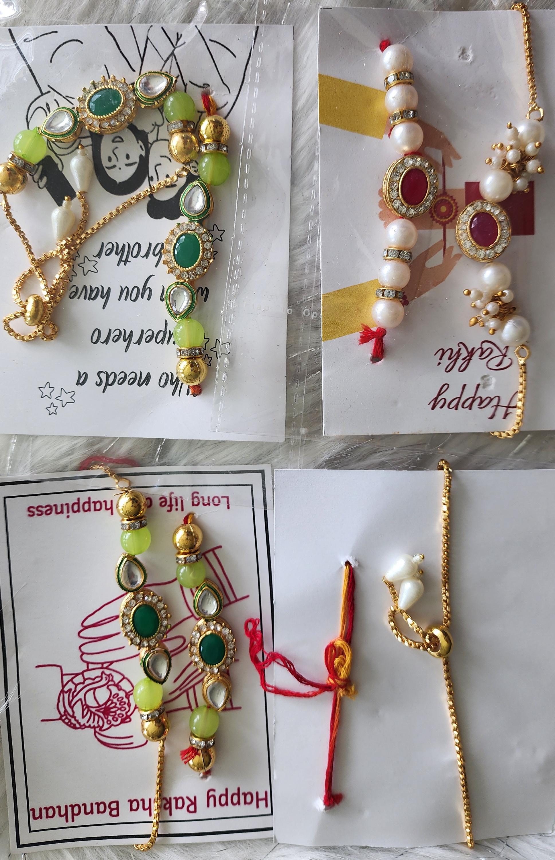 Handmade Kundan Rakhi Set: Pearl Chain Couple Rakhsha Bandhan