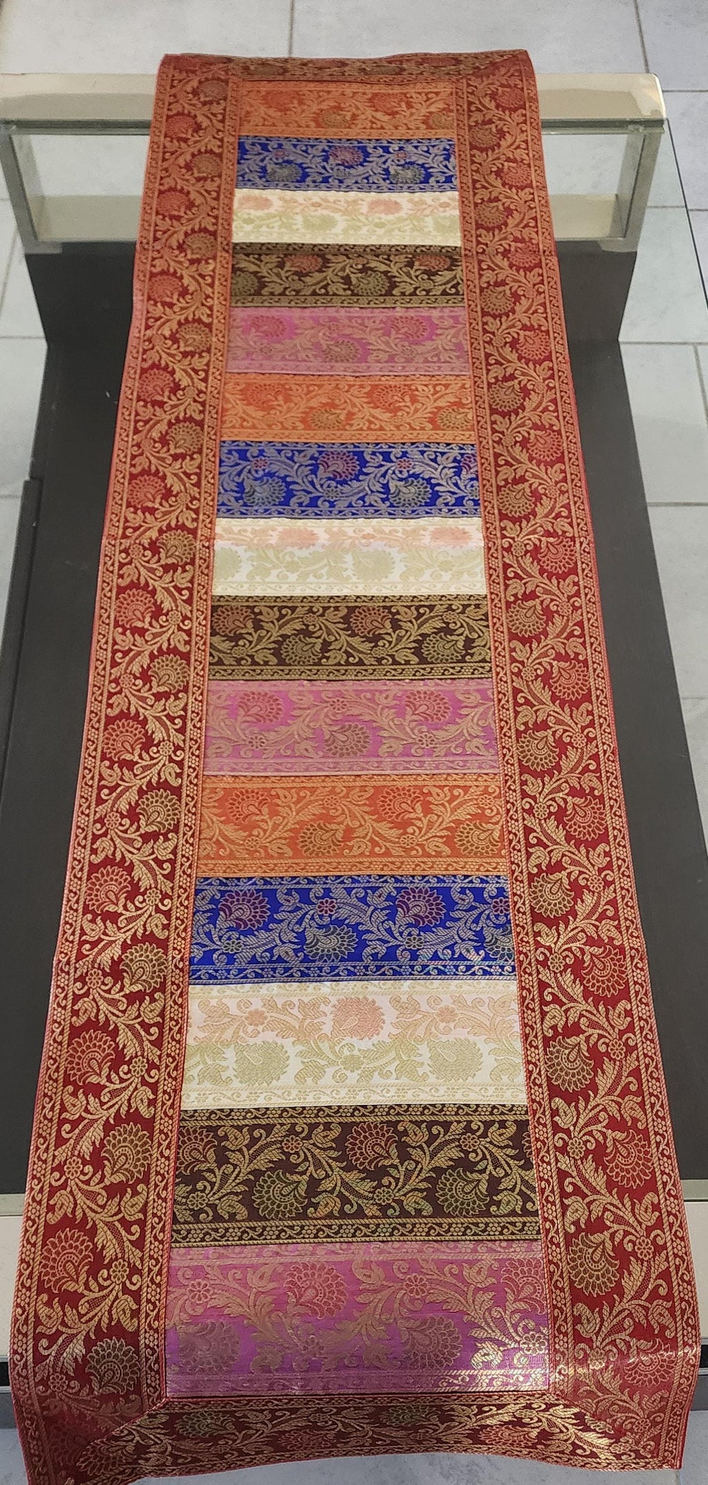 Peacock Print Silk Brocade Table Runner - Indian Decor (16x60 Inch)