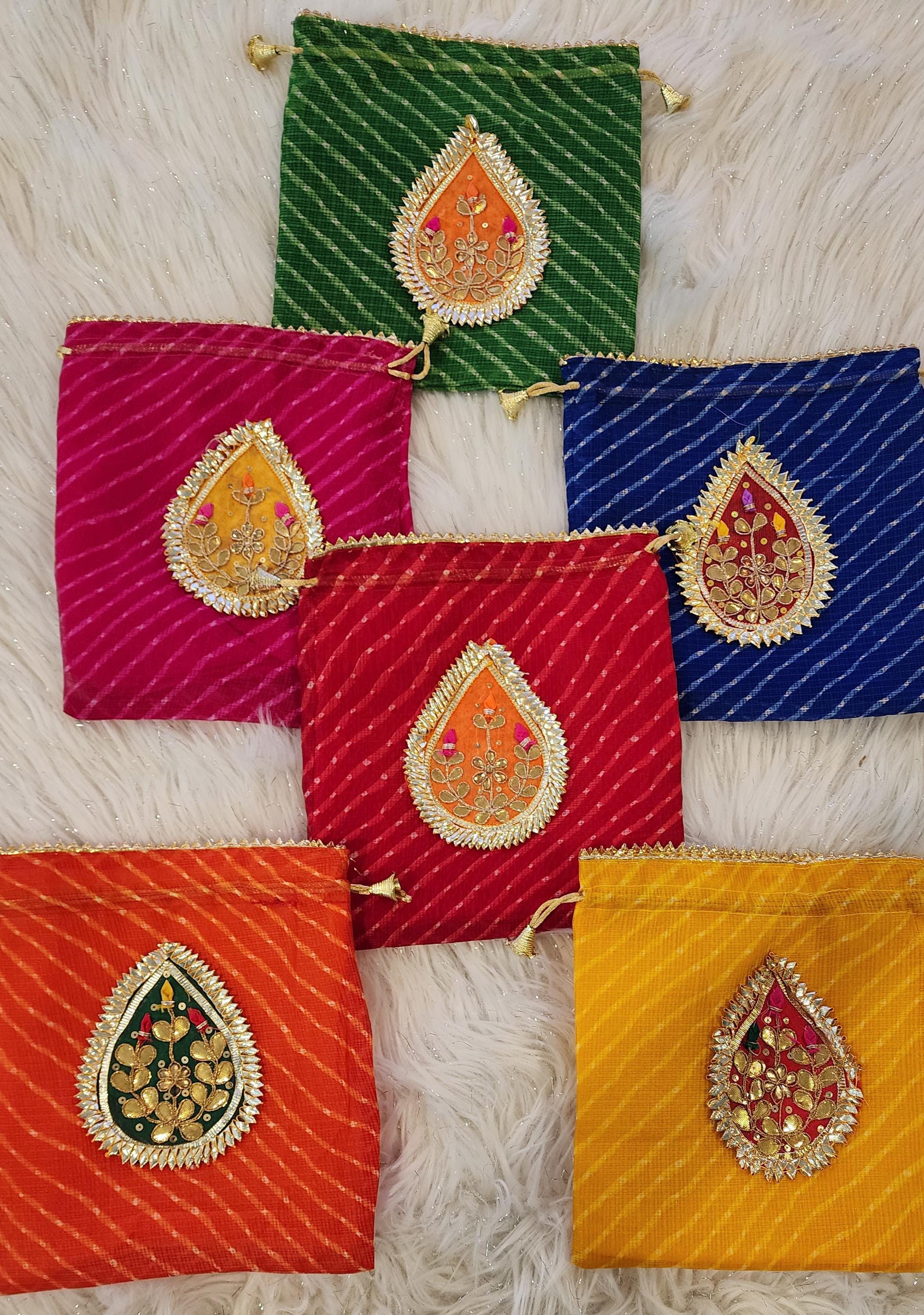 Embroidered Leheriya Potli Bag: Multicolor Gota Work, Wedding Favor